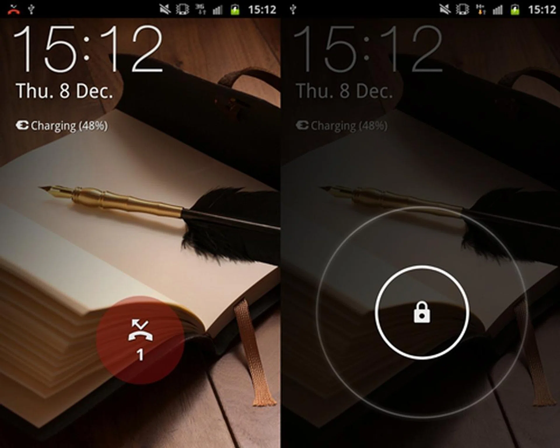The lockscreen on the Samsung Galaxy Note (left) takes on a different design from the Galaxy S II. Unlock the screen by swiping anywhere on the screen. Notifications also appear on the lockscreen such as missed calls (left).