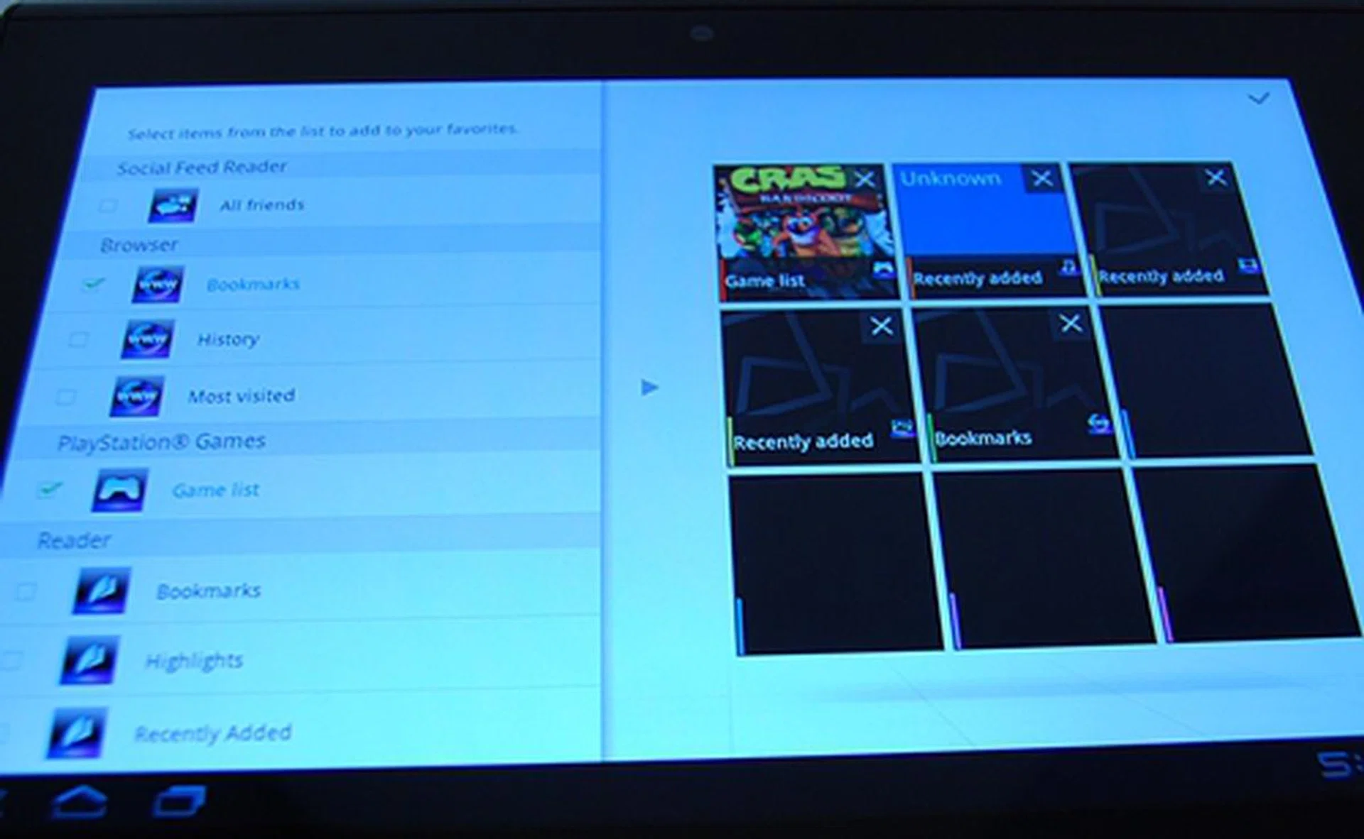 You can customize what to place in the nine tiles on the Favorite main page.There are seven categories of items to choose from: Social Feed Reader, Browser (bookmarks, history, most visited), PlayStation games, Reader (bookmarks, highlights, recently added, recently read), Video Player, Music and Gallery.