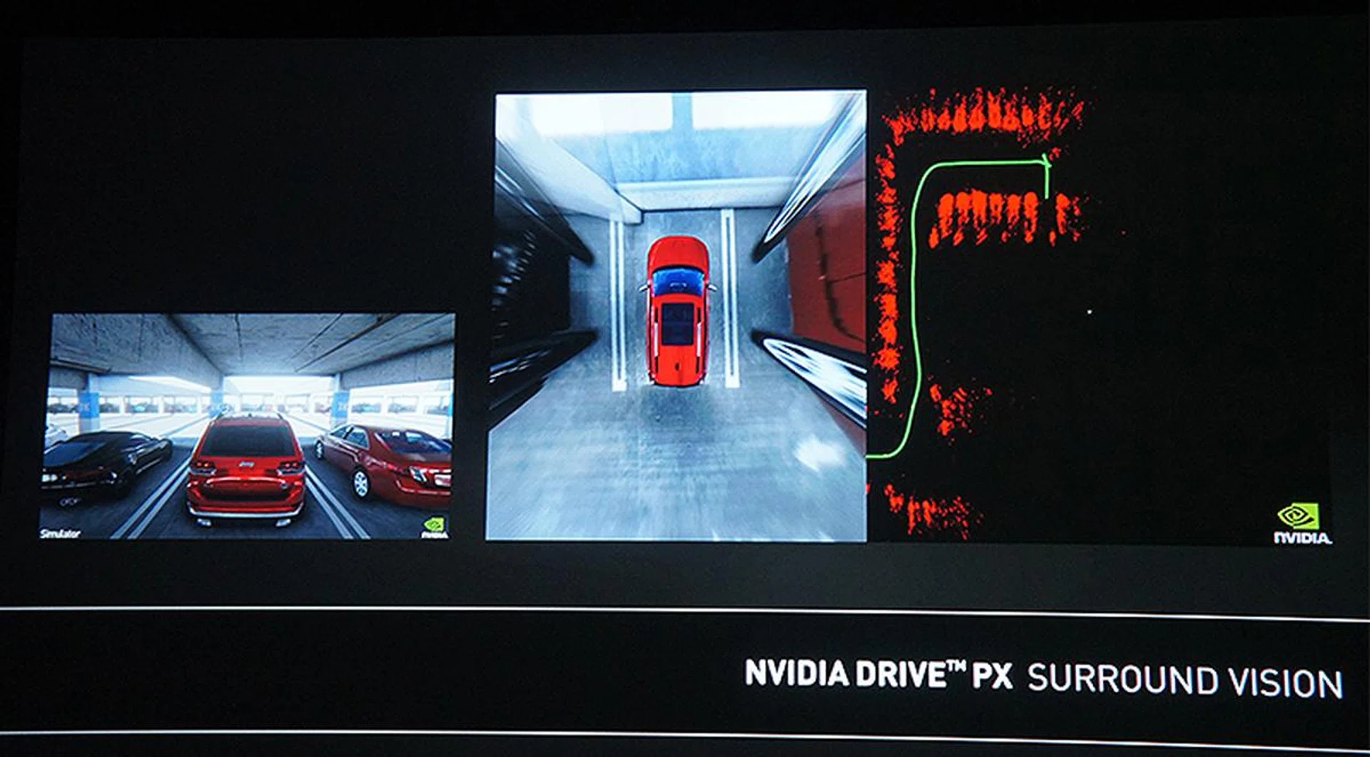 NVIDIA Drive PX Surround Vision is ultimately designed to be a self-valet system that will enable a car to automatically navigate a carpark and find parking by itself.