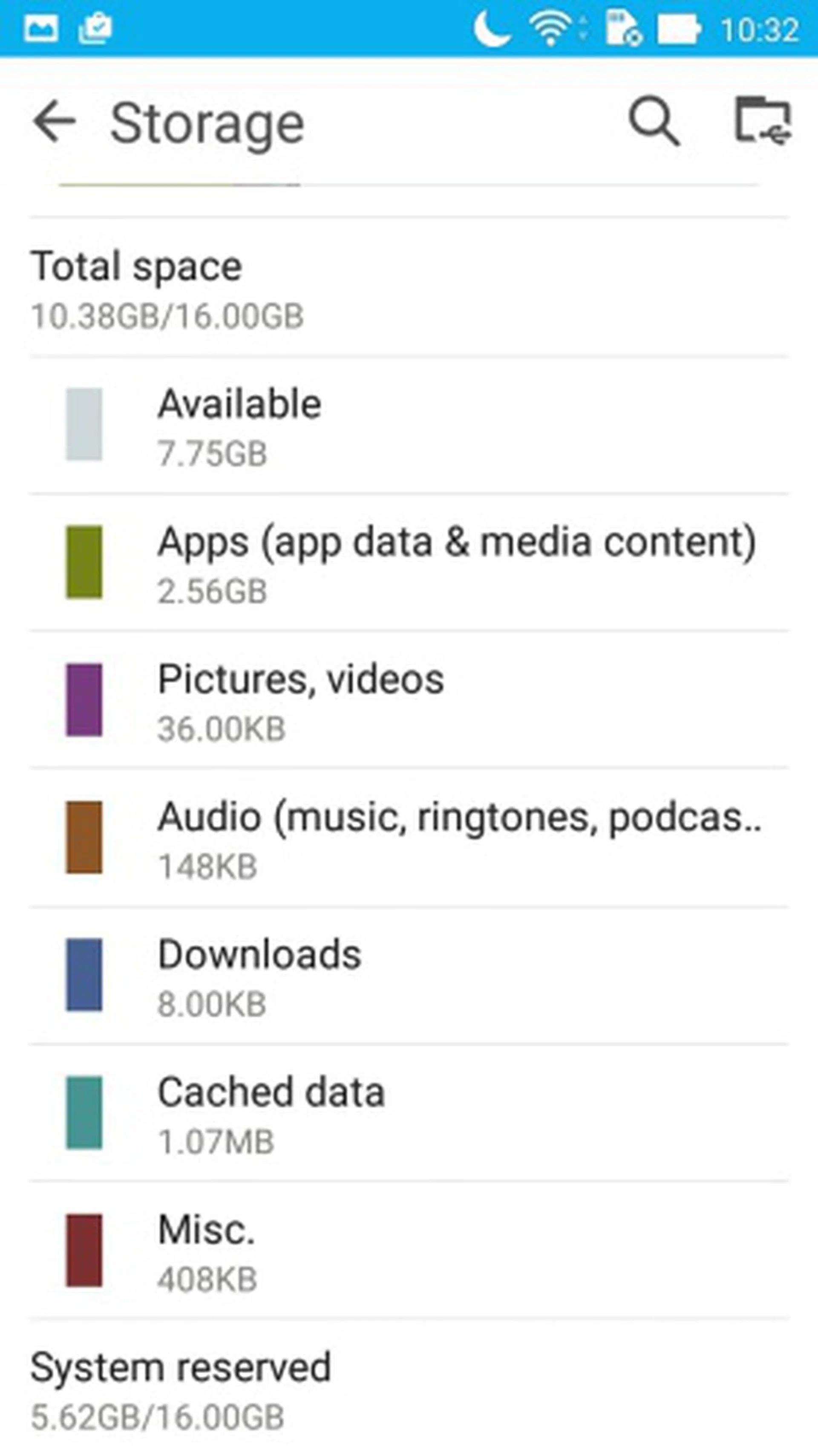  The OS and apps take up a total of 8.18GB storage space on the ZenFone Max. You are left with about 7.75GB of available storage space although it can be increased via microSD card expansion.