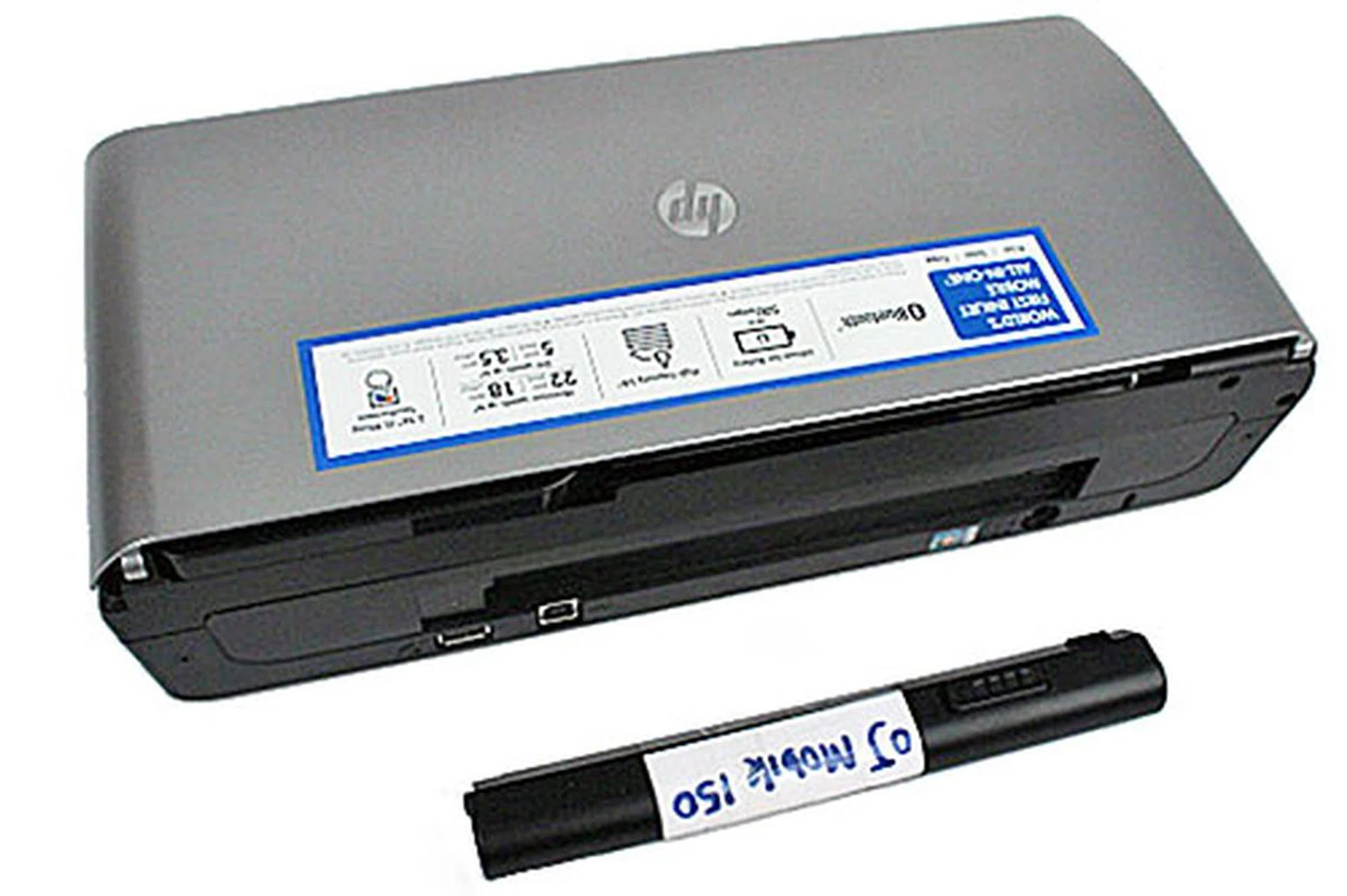 The small battery pack attaches to the rear of the printer. HP says a fully charged battery lasts about 500 pages.