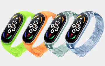 Xiaomi Smart Band 7 (L to R: Neon Green, Neon Orange, Khaki Green, Khaki Blue).
