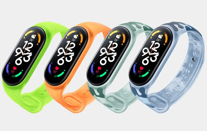Xiaomi Smart Band 7 (L to R: Neon Green, Neon Orange, Khaki Green, Khaki Blue).
