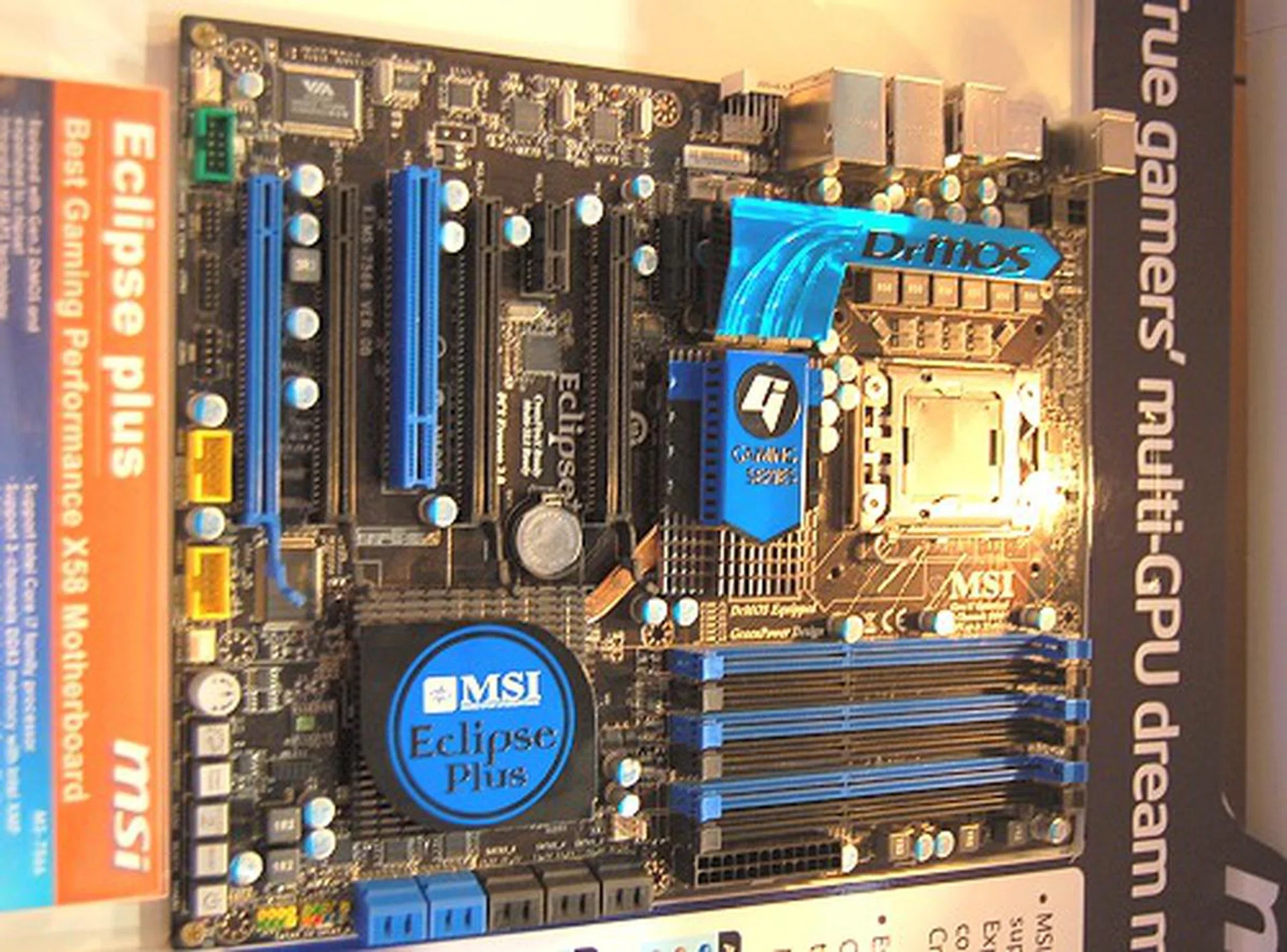  Going to the other extreme is this Eclipse Plus motherboard. It one-ups the original Eclipse with quad PEG slots, foregoes the IDE controller for even more SATA ports for a total of 10 onboard and further two eSATA ports.  