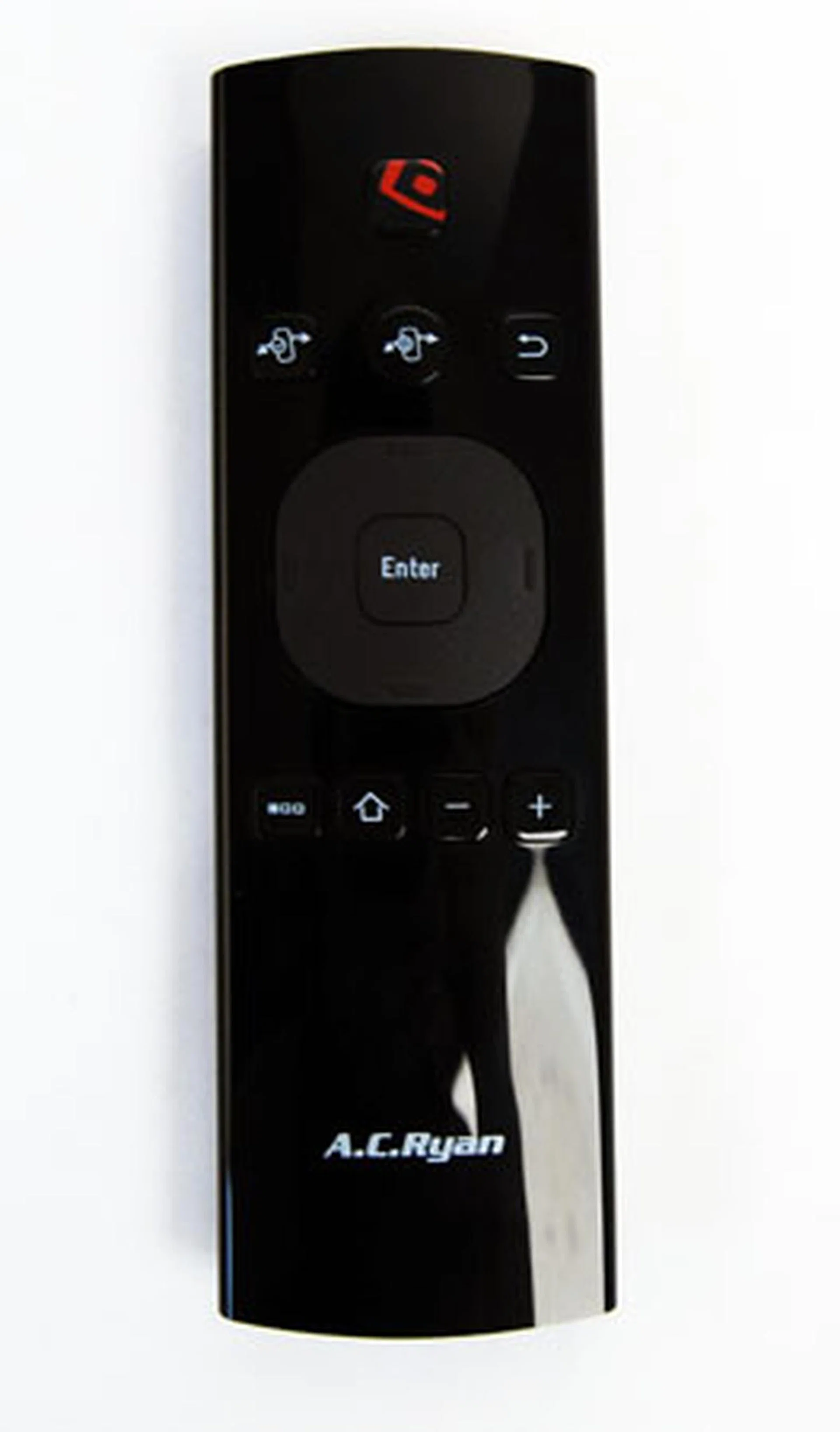 The power button is right at the top in red. Buttons on the second row (from left to right) are: brings up the onscreen mouse pointer, select and back buttons. Bottom row (from left to right) are: Menu, Home and Volume adjustment buttons.
