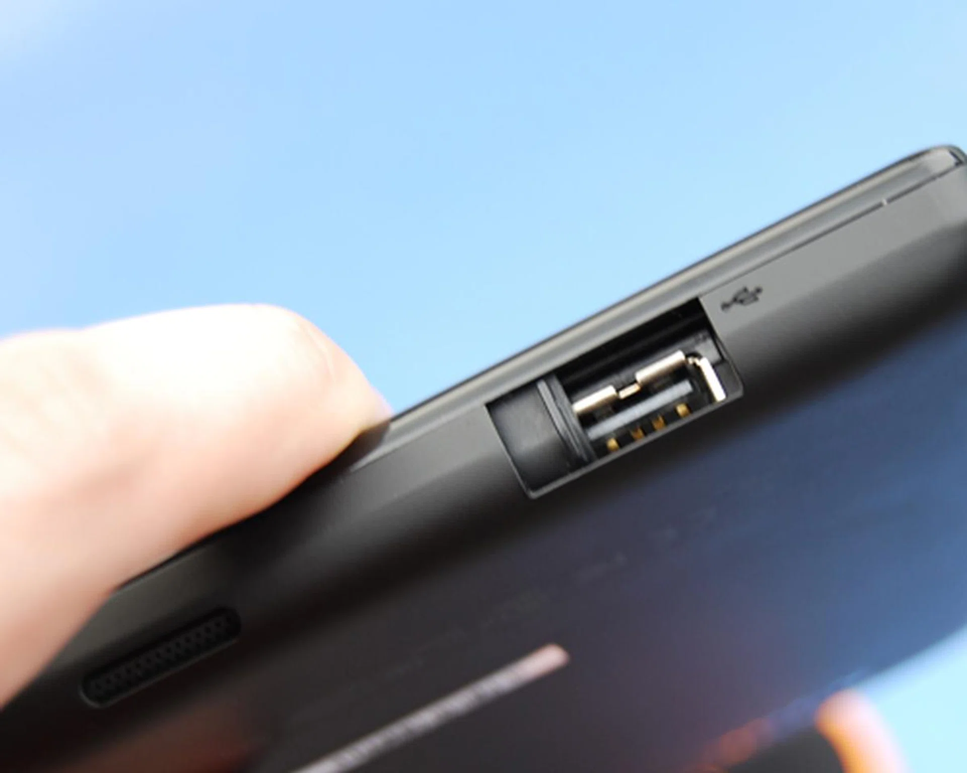The inclusion of full-sized USB ports (shown here) and SD card slots is a welcomed addition to enhance the overall usability of the ThinkPad Tablet.
