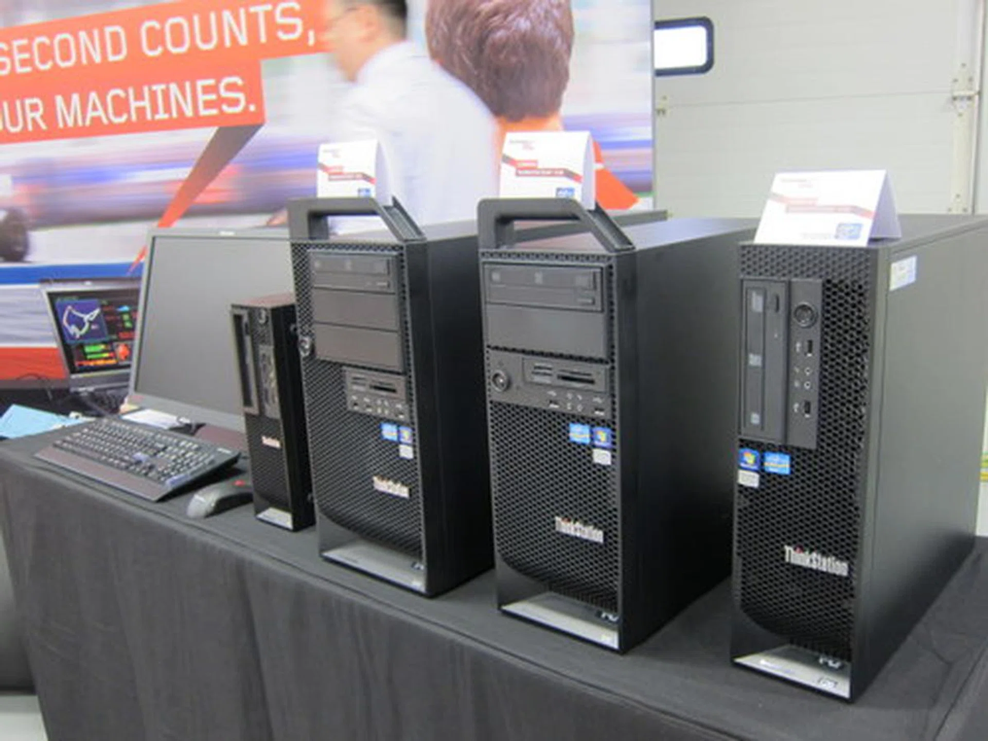 ThinkStations come in many variations and sizes, so the real challenge will be finding one which suits your organization. The small form factor E31 model is the left-most unit in this photo.