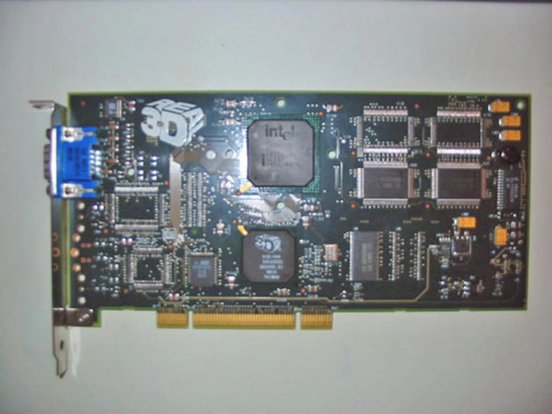 Intel's only foray into the graphics chipset market thus far, the ill-fated i740. It was good for only light multi-media work and could not handle games as well as Voodoo's cards could.