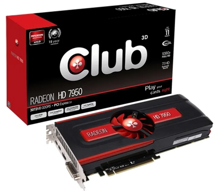 The Club 3D Radeon HD 7950 has been mounted with a customized cooling solution (even though it looks like a stock one) as the cooling fan sits in the center of the card's heatsink. From the specifications gleaned from its official web page, Club 3D did not deviate from the factory specifications of the Radeon HD 7950 GPU.