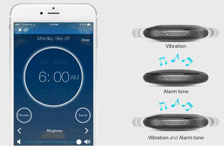 Choose between a regular alarm, strong vibrations or a combination of both to wake yourself up.