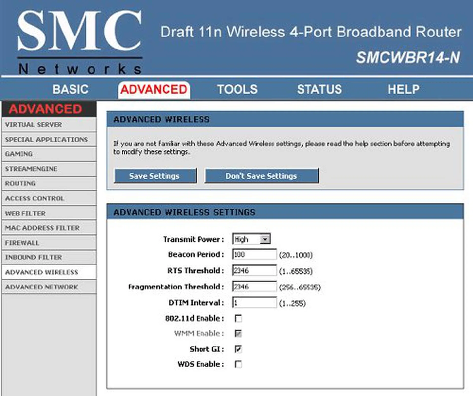 The SMC SMCWBR14-N administration panel.