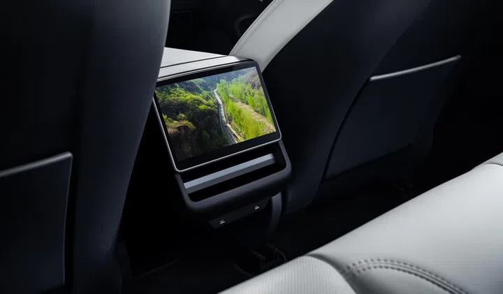 Passengers in the back can look forward to this 8-inch touchscreen display. (Image source: Tesla)