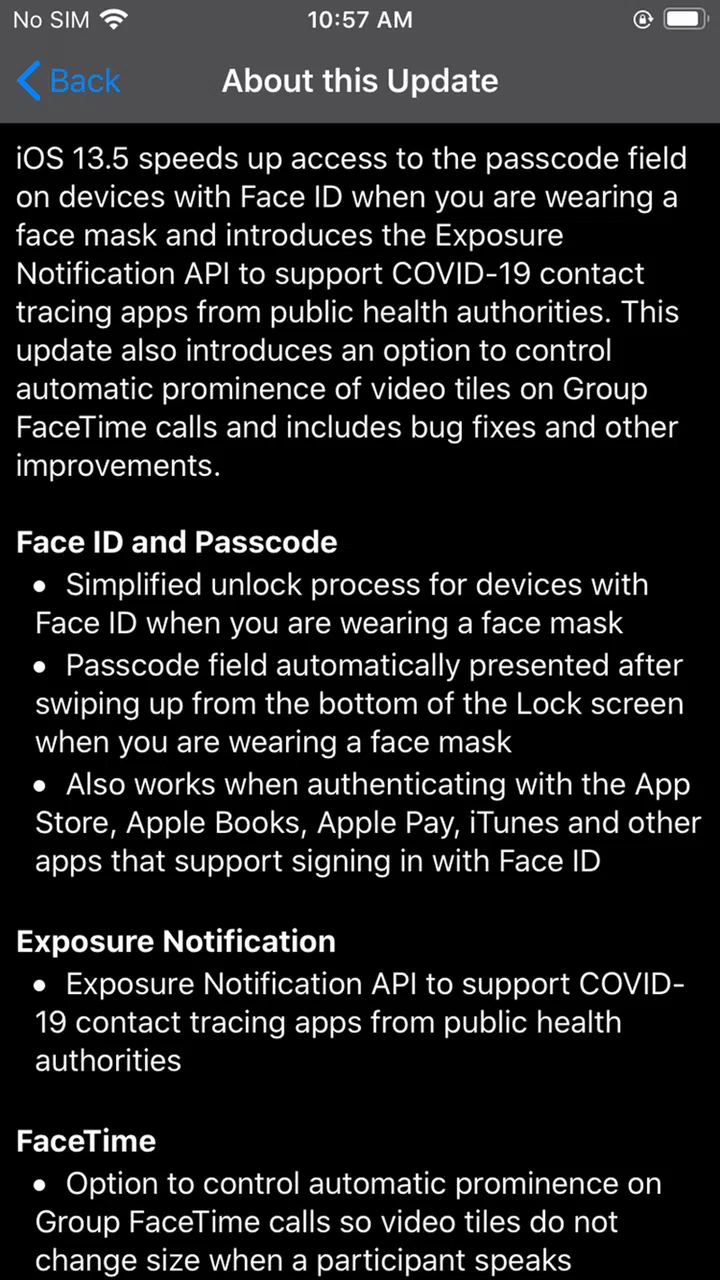Update for iOS 13.5. Source: Settings app on iPhone.
