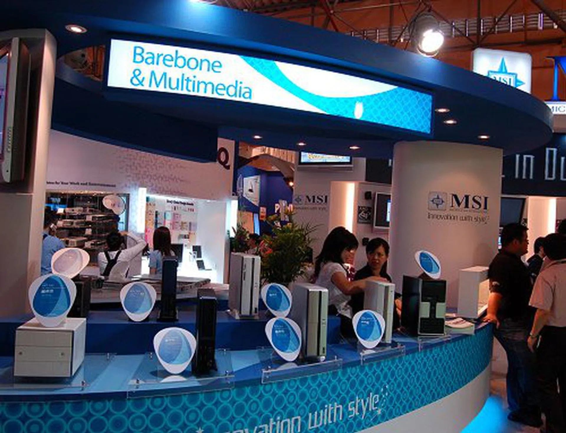 Occupying a good portion of booth space are several MSI barebone systems.