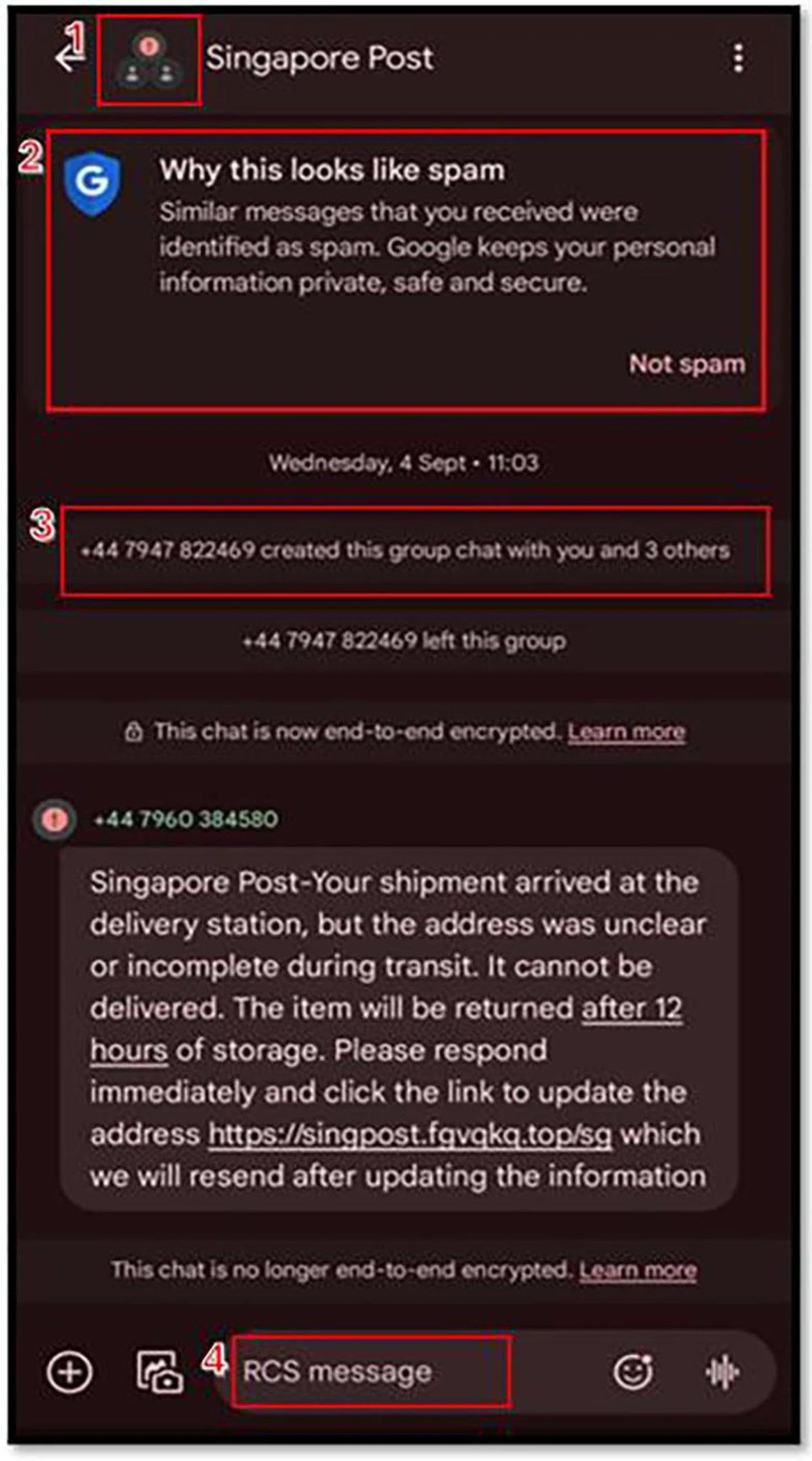 This is a screenshot from a scam groupchat. Checking the users in the groupchat, paying attention to the app's warning, looking at the numbers and individuals, and checking what type of messaging format is used all contribute to the group's legitimacy. Photo: Singapore Police Force.