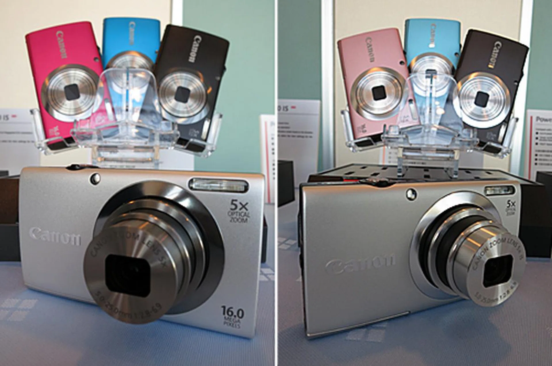 More from the A series, the PowerShot A2300 (left, US$ 149.99) and PowerShot A2400 IS (right, US$ 159.99) bring high image quality, ease of use, and style together in a handy compact form factor. Shooting at 16 megapixels with a 5x optical zoom range (also 28-140mm), both of these models boast 32 preset scene modes for users to get creative with, 720p video recording, and advanced subject detection and face detection features. The A2300 uses digital image stabilization, while the A2400 IS uses Canon’s Optical Image Stabilizer technology.