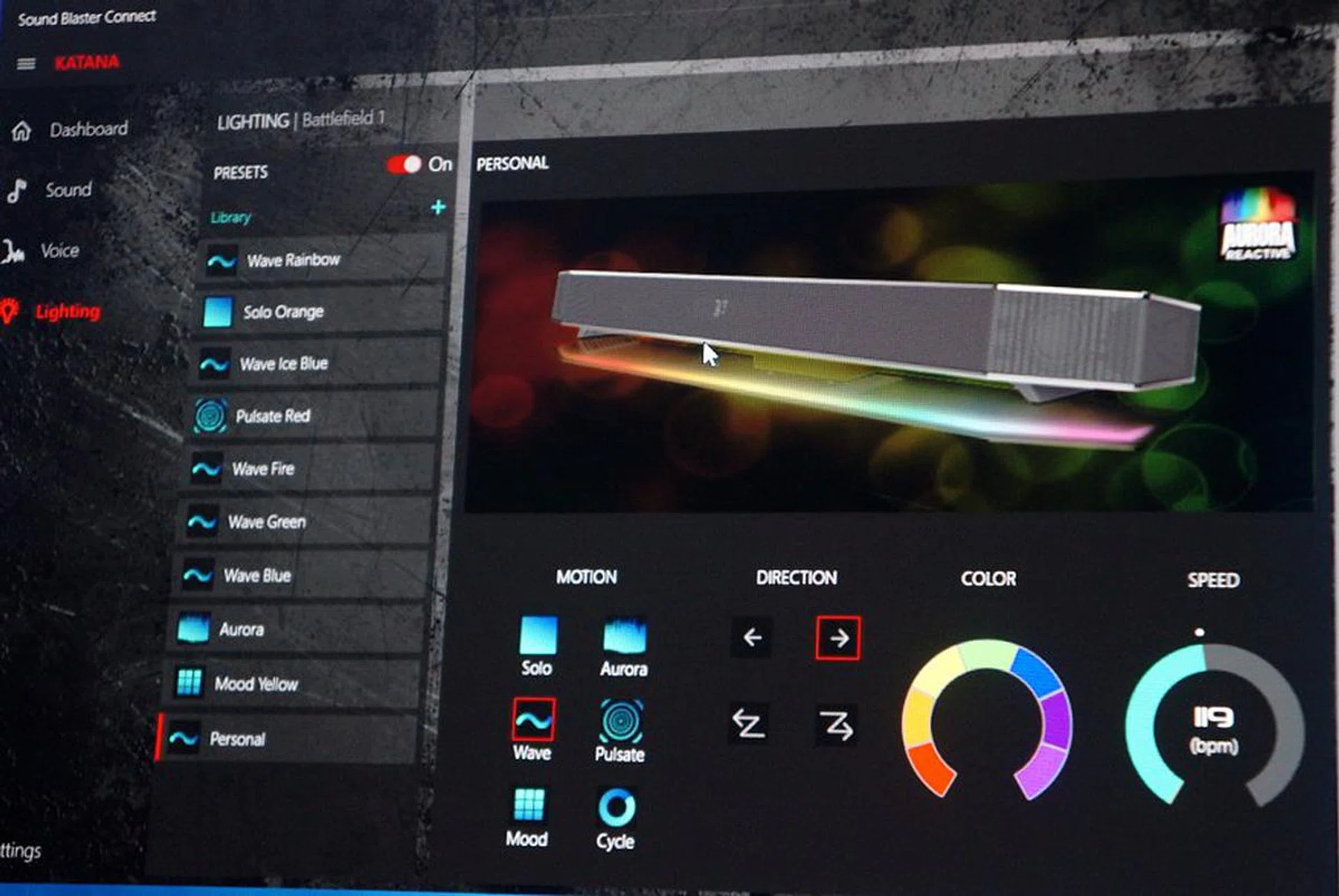 The Aurora Reactive lighting system control with the the Sound Blaster Connect control panel.