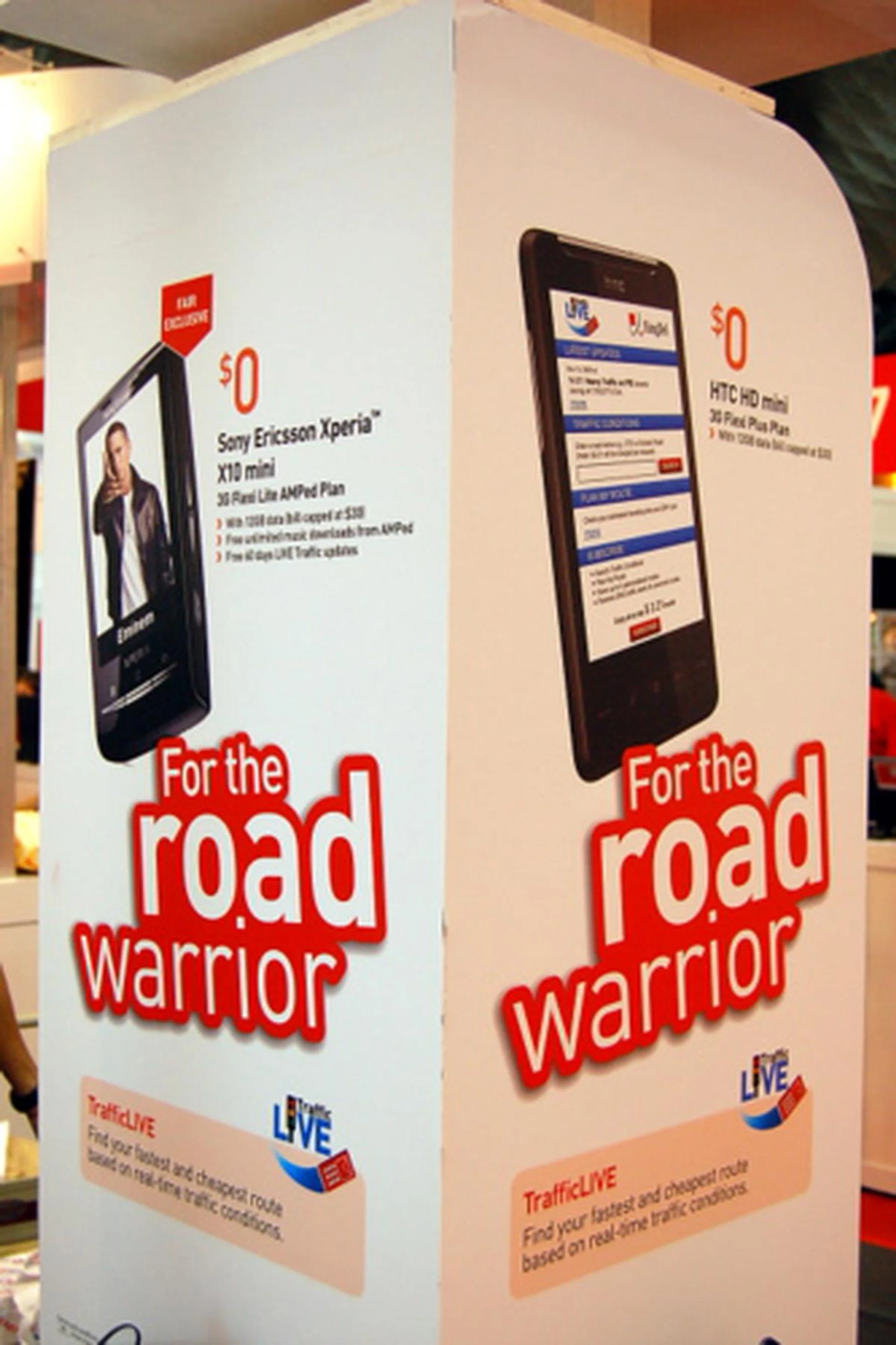 Attack of the mighty ($0) minis: the Sony Ericsson XPERIA X10 mini is $0 on a 3G Flexi Lite AMPED music-and-data plan, while the HTC HD mini goes for the business set with a 3G Flexi Plus plan.