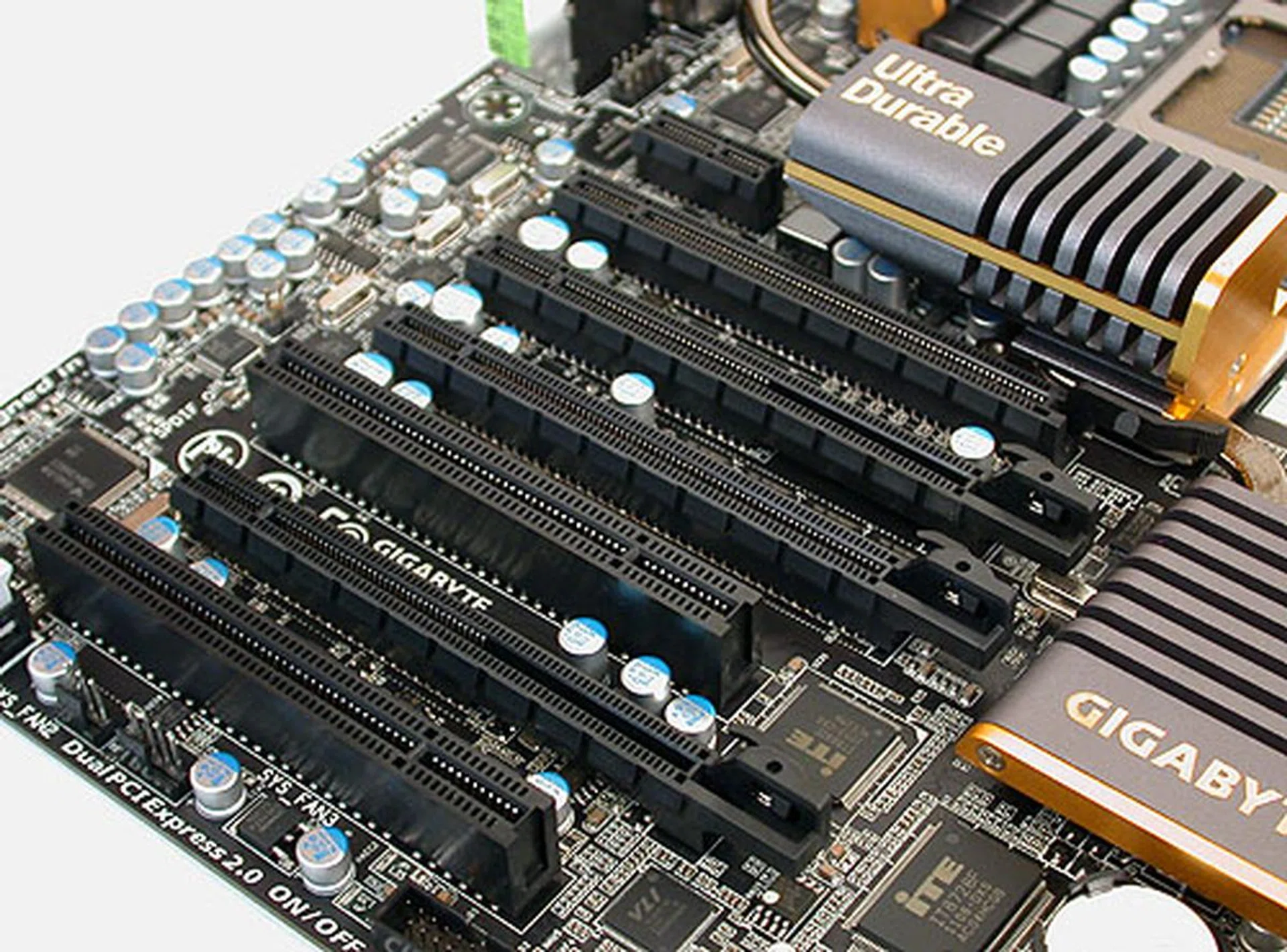 While the NF200 controller allows for a x8 configuration on each of the four graphics cards it can support simultaneously, there is only space physically for three such graphics cards, given the dual-slot nature of just about every decent graphics cards worth owning.