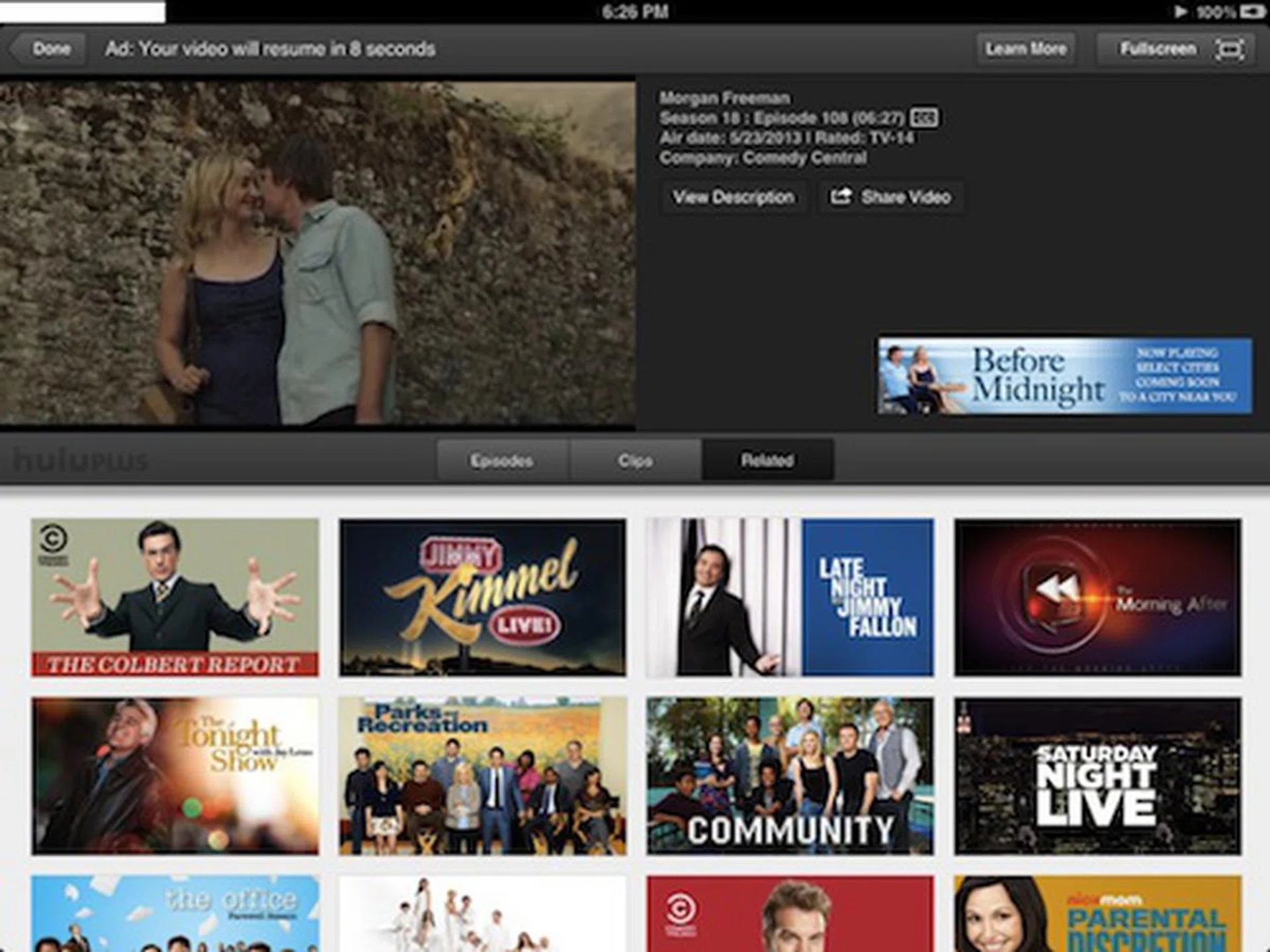 The Split Screen mode allows you to view your current show on the top left window while you navigate the rest of the app below. In this screenshot, you can see the commercial playing with the countdown message that the video will resume in 8 seconds.