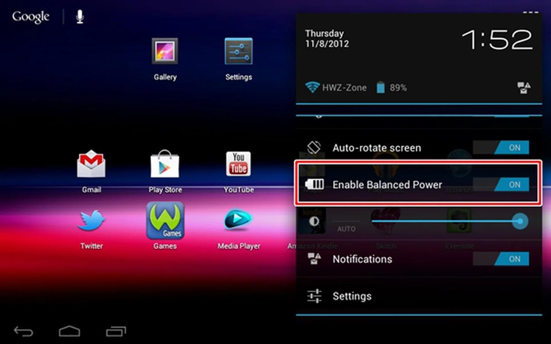 There is a toggle switch for enabling Balanced Power mode on the Toshiba Regza Tablet AT270. According to Toshiba, enabling the Balanced Power mode will throttle the brightness of the screen regardless of the adjusted brightness, and lowers the CPU multiplier to increase battery mileage.
