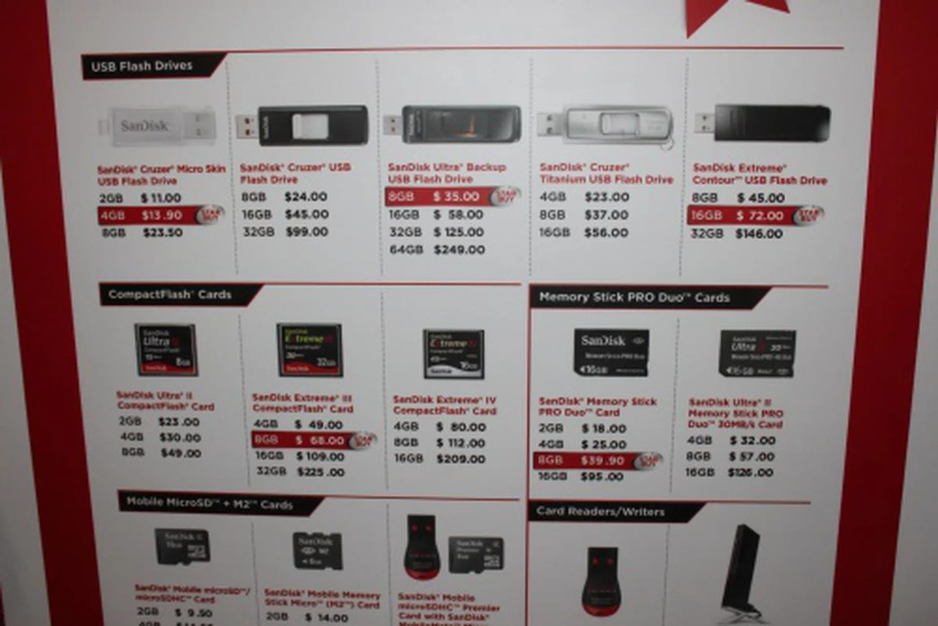 USB Flash drives were going for as low as $11 for 2GB and $99 for 32GB. 