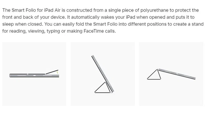 Product description of the Smart Folio case for the Apple iPad Air (5th-gen). Notice the more limited range of viewing angles when you prop up the iPad Air.