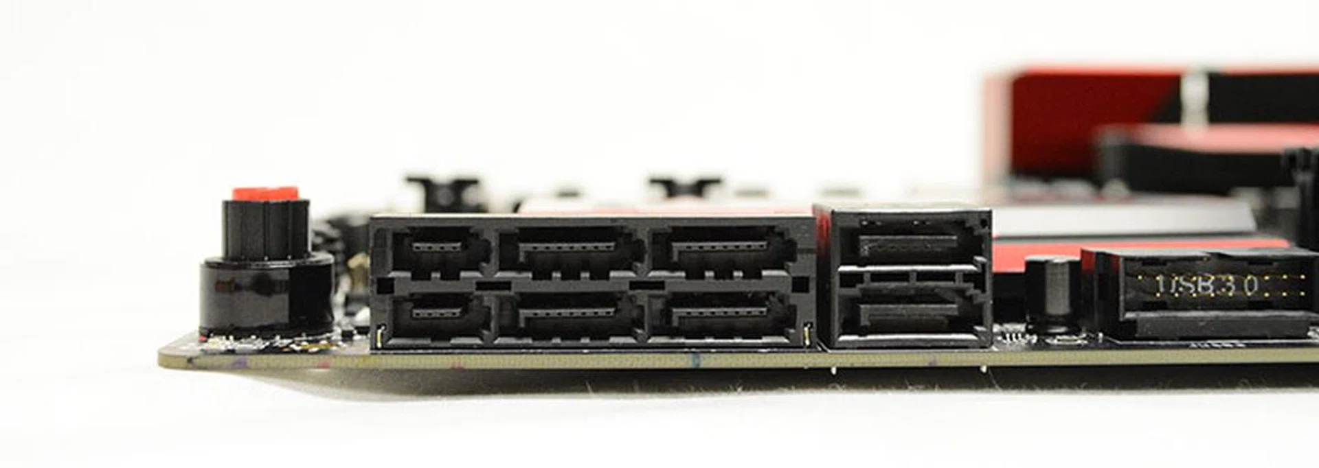 The board features six SATA 6Gbps ports and two SATA Express connectors.