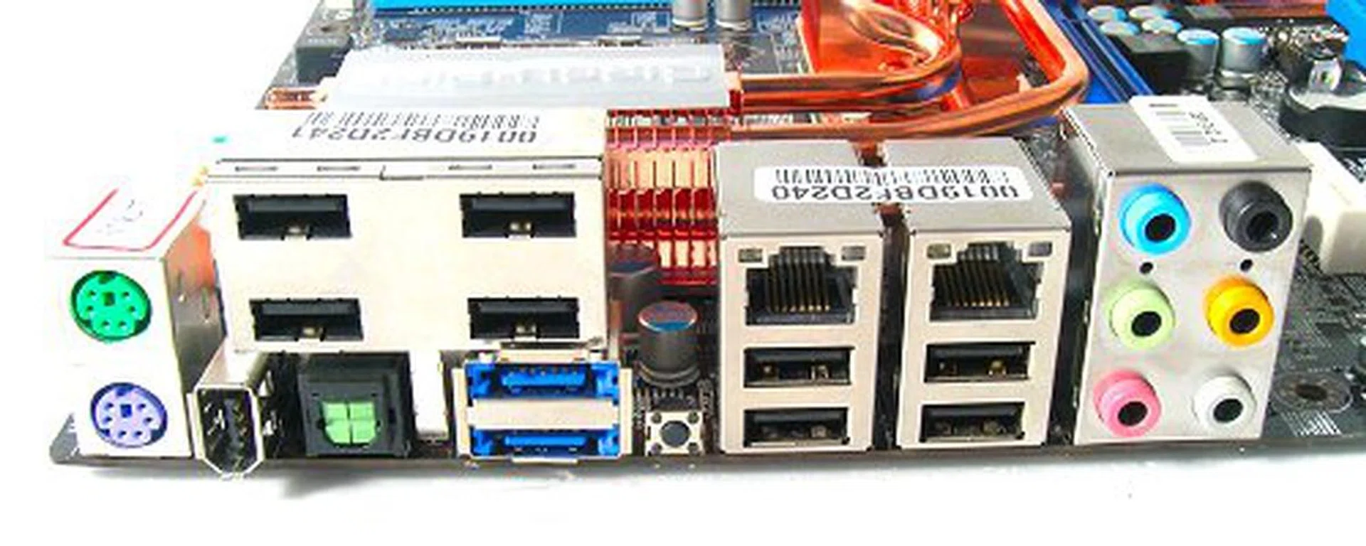 Packed rear I/O panel. From left to right: PS/2 keyboard and mouse, 4-port USB 2.0 cluster, FireWire, optical S/PDIF, 2x eSATA, CMOS reset button, 2x RJ-45, 4x USB 2.0 and surround analog audio jacks.
