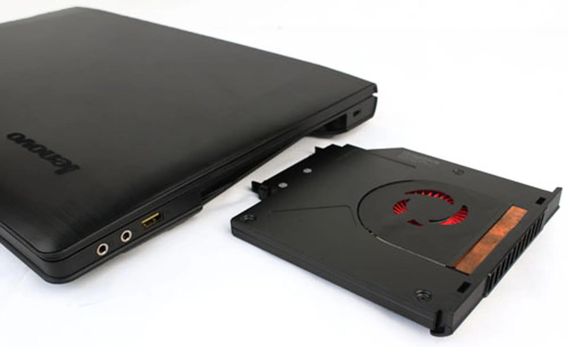 The optical drive on Lenovo's IdeaPad Y500 can be swapped out for a second NVIDIA GeForce GTX 650M module.
