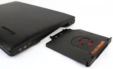 The optical drive on Lenovo's IdeaPad Y500 can be swapped out for a second NVIDIA GeForce GTX 650M module.