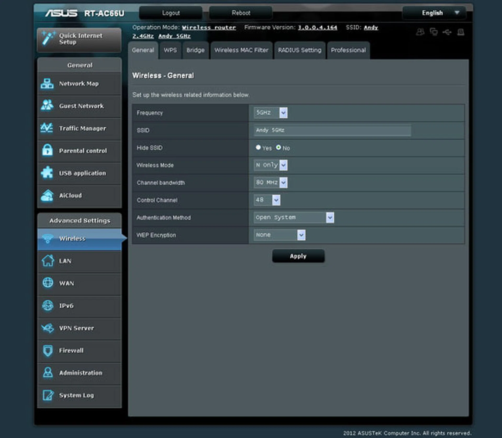 To enable the router's 802.11ac mode on the 5GHz band, head on down to the Wireless page and select the "80MHz" option under the Channel Bandwidth's drop-list. 