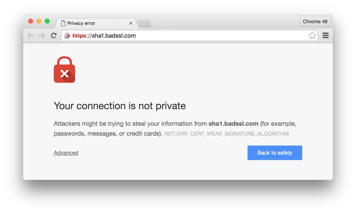 This error message pops up on HTTPS sites that are not properly secured. The new version 48 of Google Chrome web browser will see even more of these errors if websites continue using SHA-1 encryption for security.