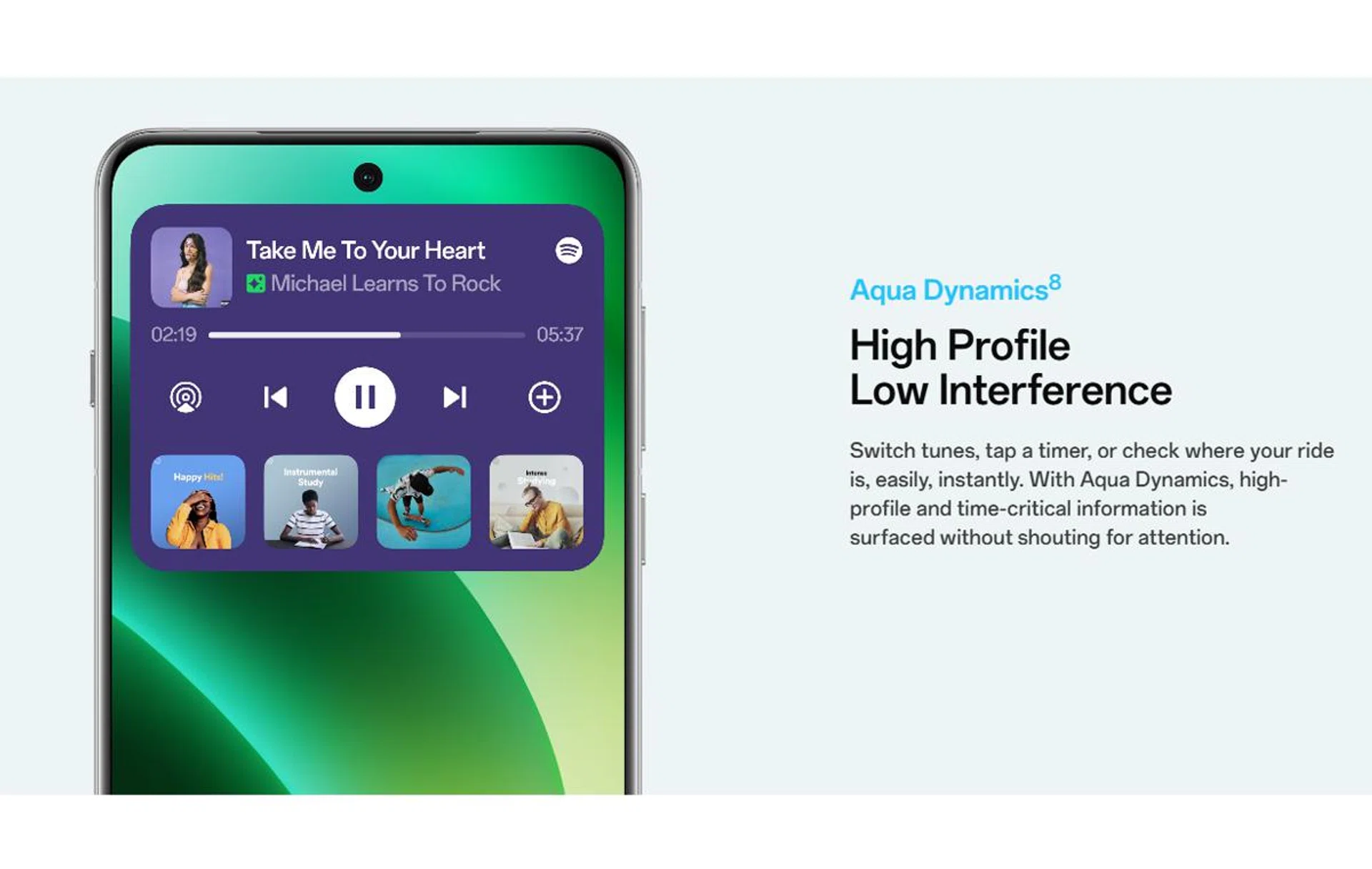 Aqua Dynamics is a reimagined Dynamic Island notification bar that has more functionality and better legibility. Image: OPPO.
