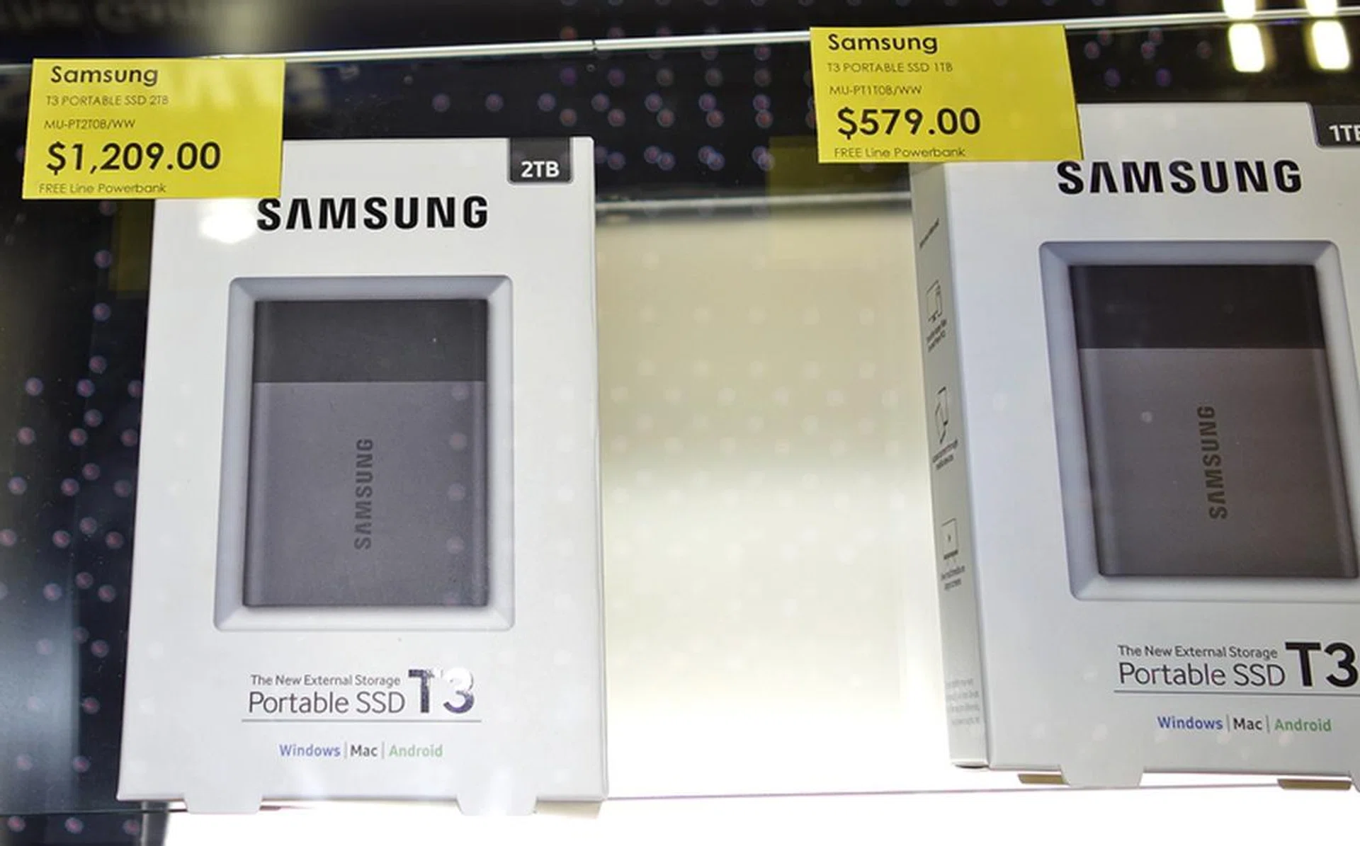 Looking for a portable SSD storage device, you may consider The Samsung Portable SSD T3 series are available in 250GB, 500GB, 1TB and 2TB capacities; they are priced at $199, $309, $579 and $1,209 respectively. Each purchase comes with a free Samsung power bank (worth $108). 