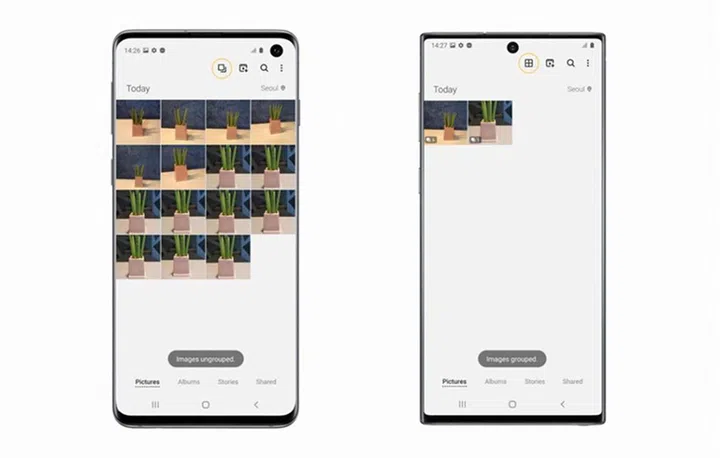 Tap the highlighted icon to group/ungroup gallery images on the Galaxy S10 (left), Clean View after grouping images on the Galaxy Note10 (right).