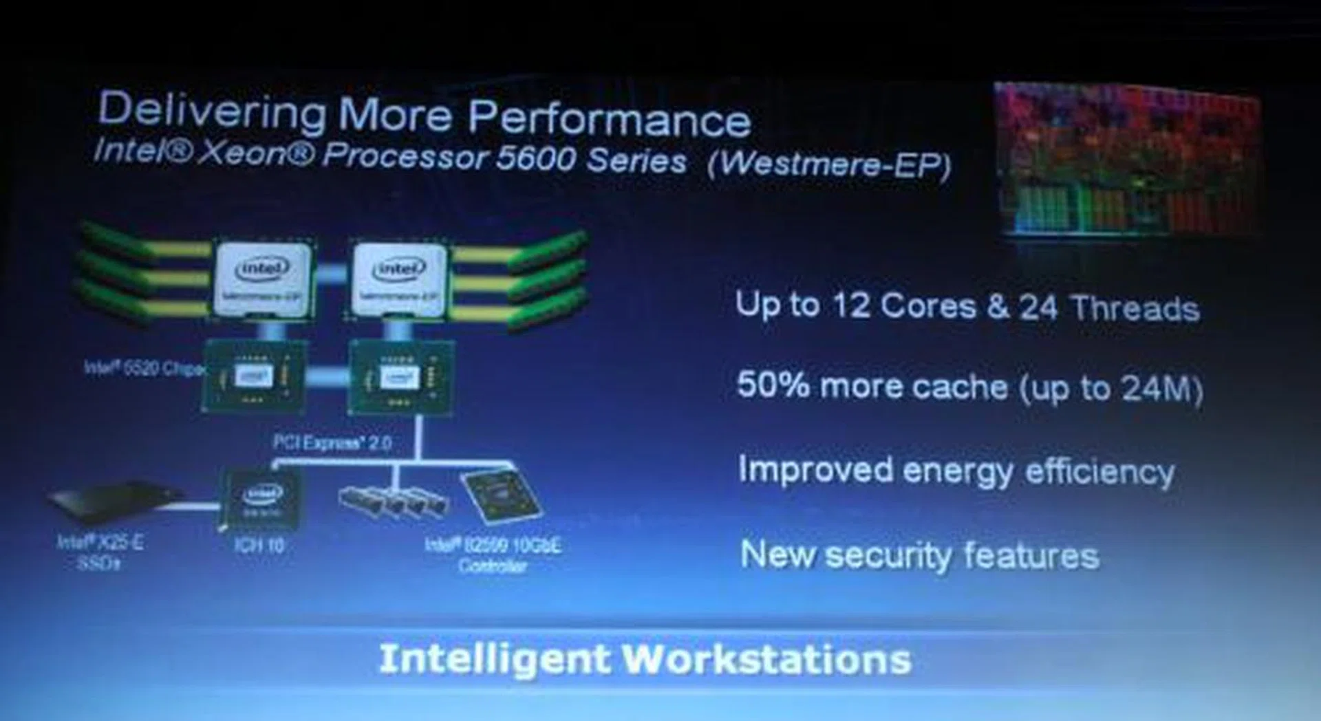 The new chips, formerly code-named Westmere, will feature up to 12 cores and 24 threads on dual sockets, with up to 24MB of cache. Intel also throws in better energy efficiency and improved security features.