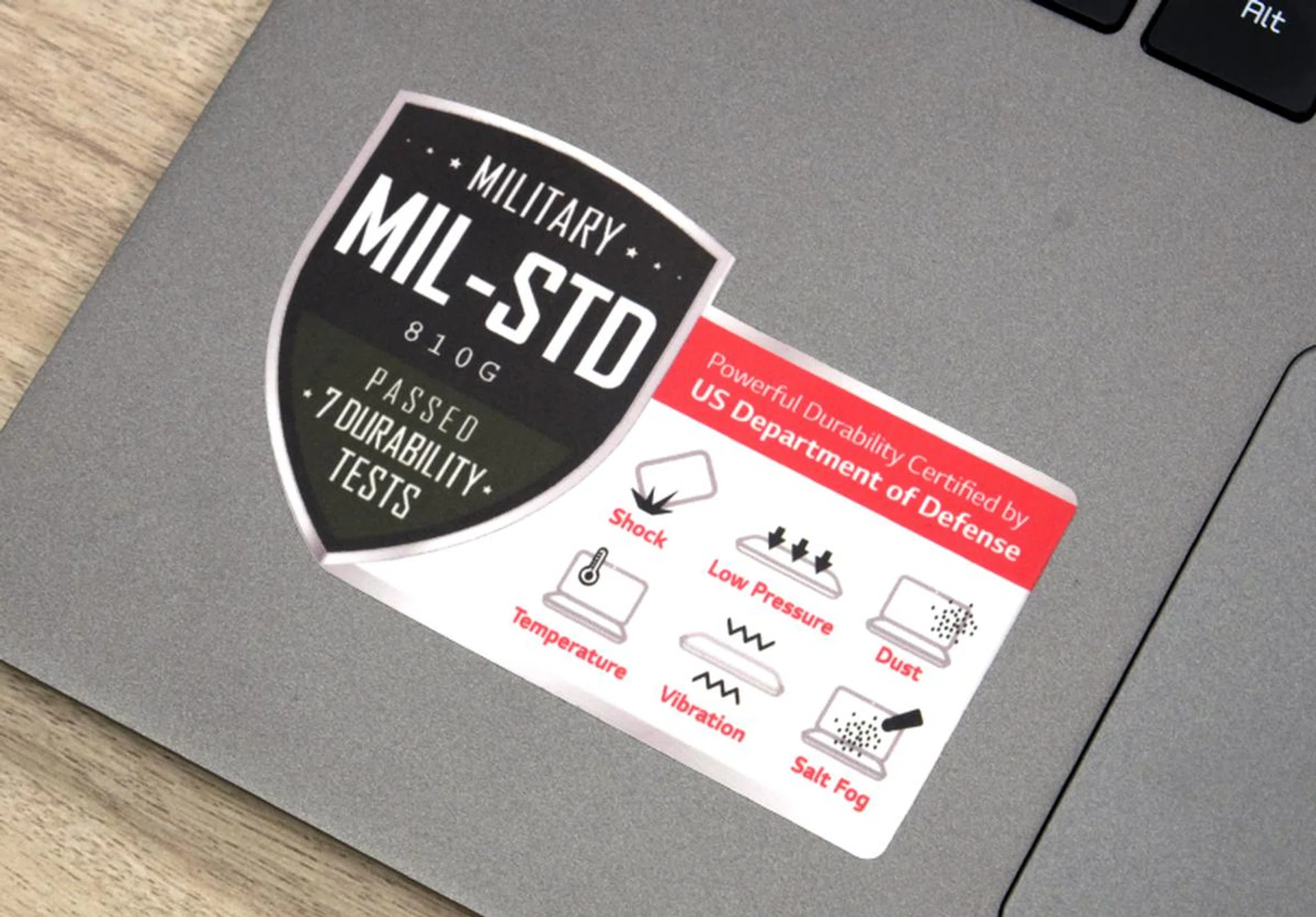 A sticker on the gram 17 proclaiming its ruggedness.