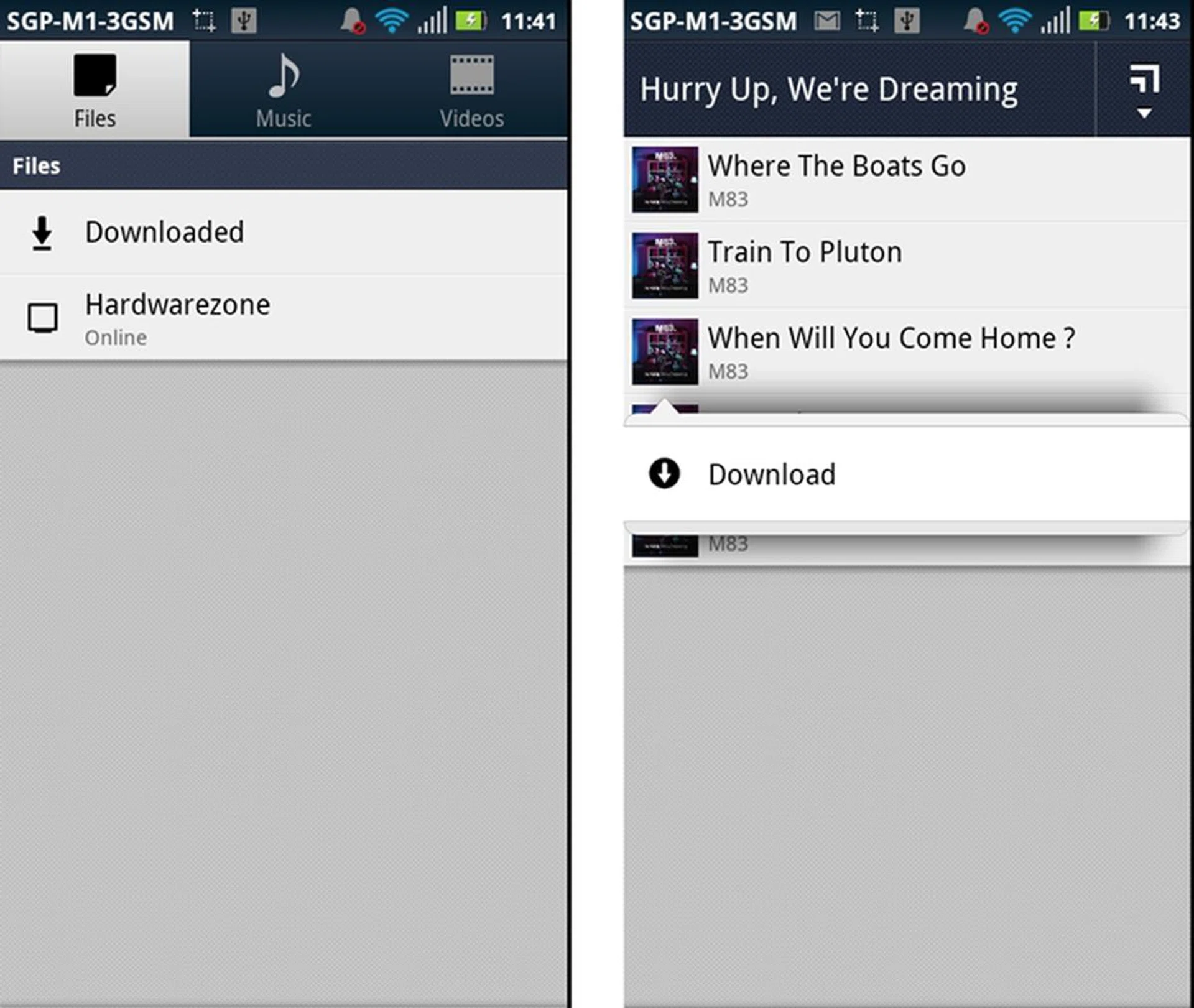 The app is divided into three sections: Files, Music and Videos. The first section houses the entire stream of content (unsorted) that has been made accessible while the other two sections contain multimedia files (sorted). To download a specific file into your phone, simply open up the menu and hit download.