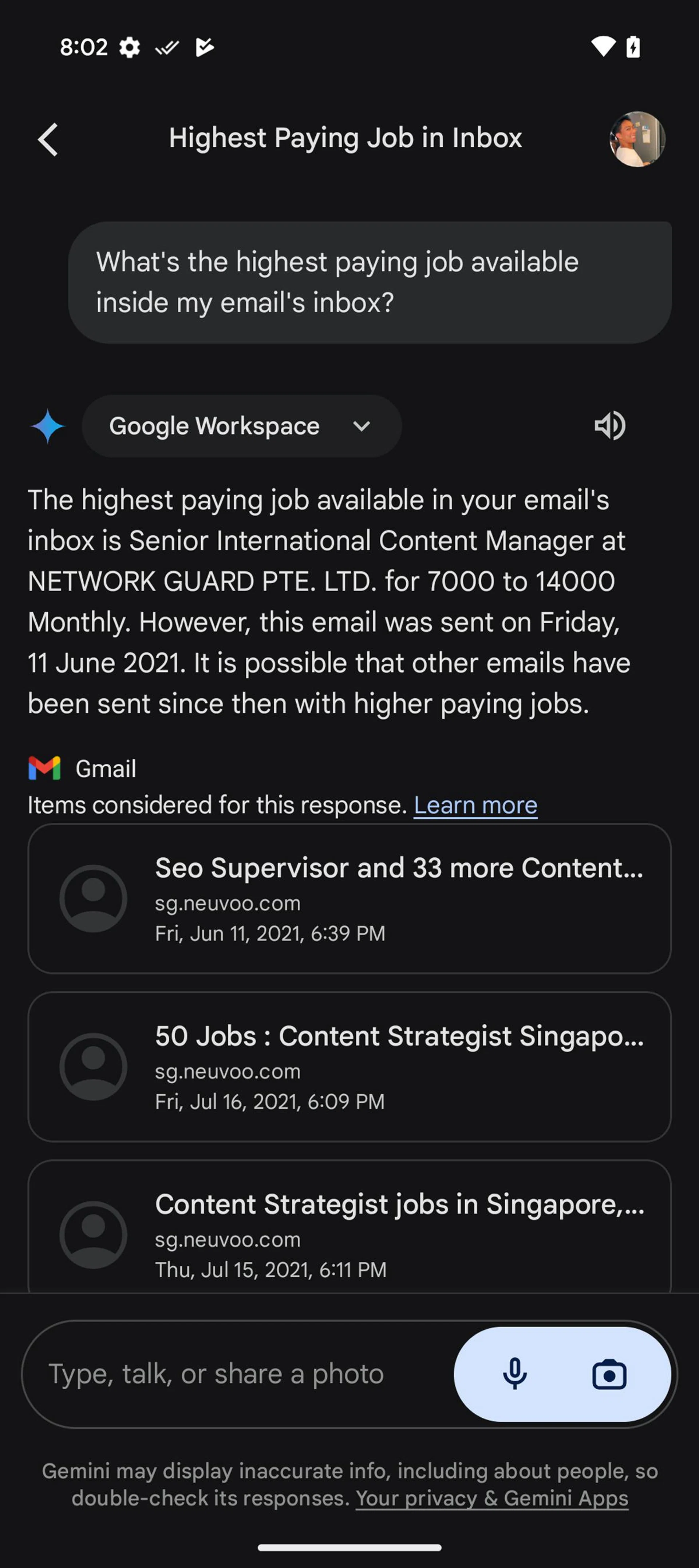 Example of Gemini delving into your email to extract useful information. Screenshot: HWZ.