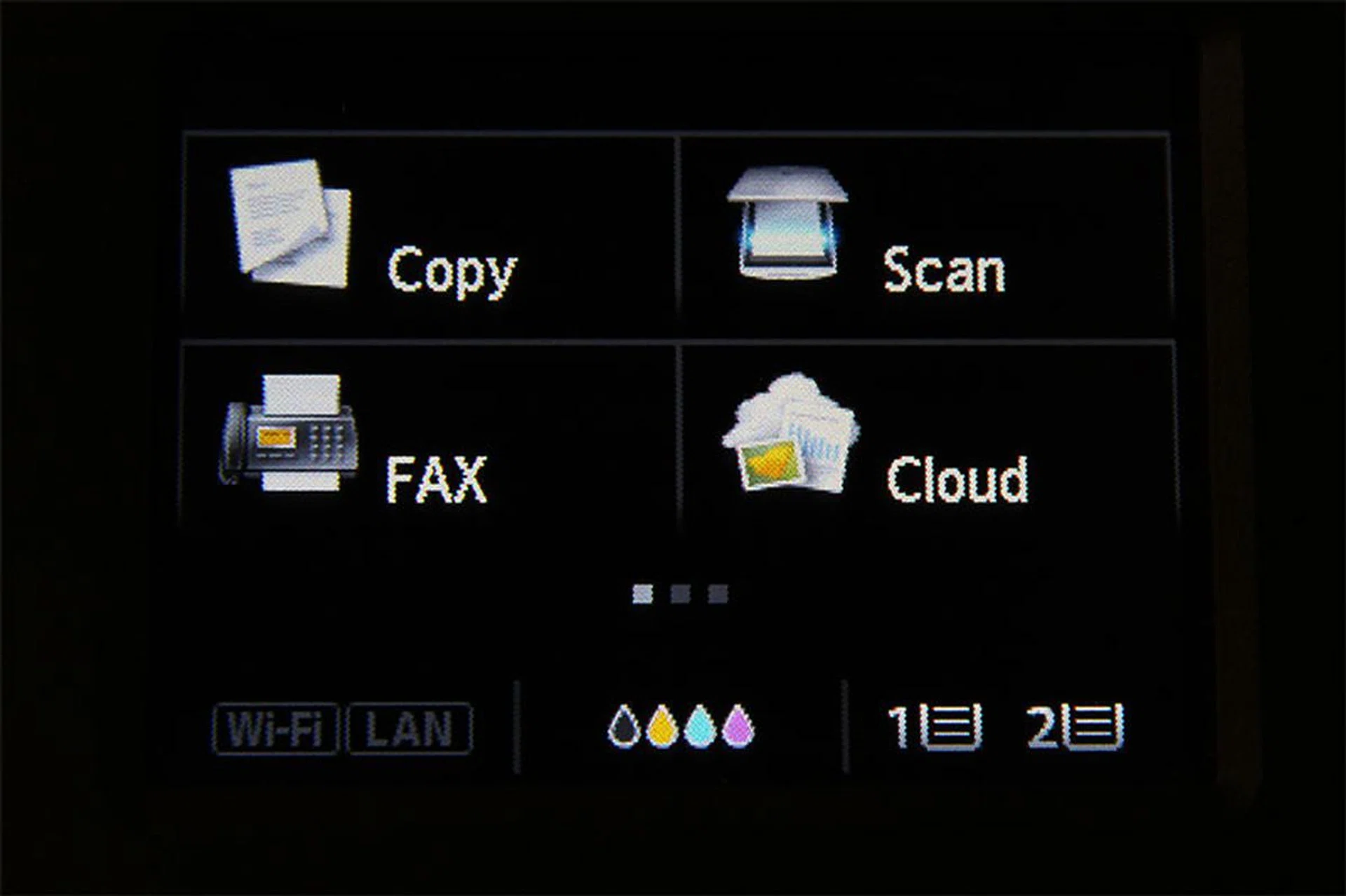 Menu navigation, changing of printer settings, and even the accessing of cloud services are carried out on the 3-inch resistive touchscreen.