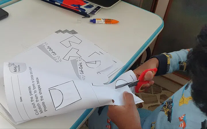 Physical worksheets are still present, but they take a backseat to SLS and are more revisionary/supplemental in nature during HBL. What I learned from this particular activity is that my son is familiar with handling a pair of scissors fairly well, which I wouldn't have known otherwise.