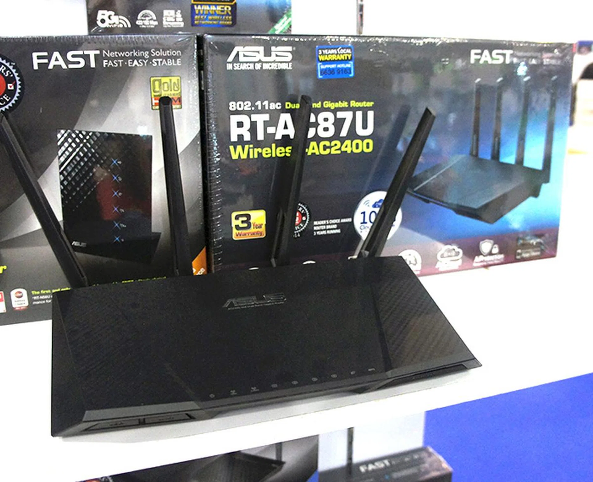 The ASUS RT-AC87U is one of the fastest routers in the market right now, supporting speeds of up to 2,400Mbps on its dual 2.4GHz and 5GHz bands. It is going for $379 and comes with free ASUS Cerberus gaming headset and McAfee Internet Security.