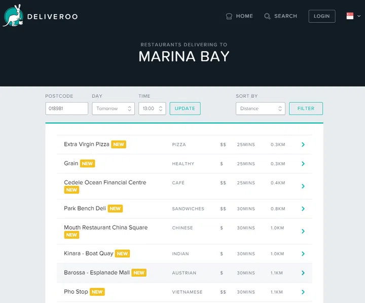 You can see the list of available restaurants after keying in your postal code and delivery timing. Restaurants that do deliver but are not available are listed on a separate table.