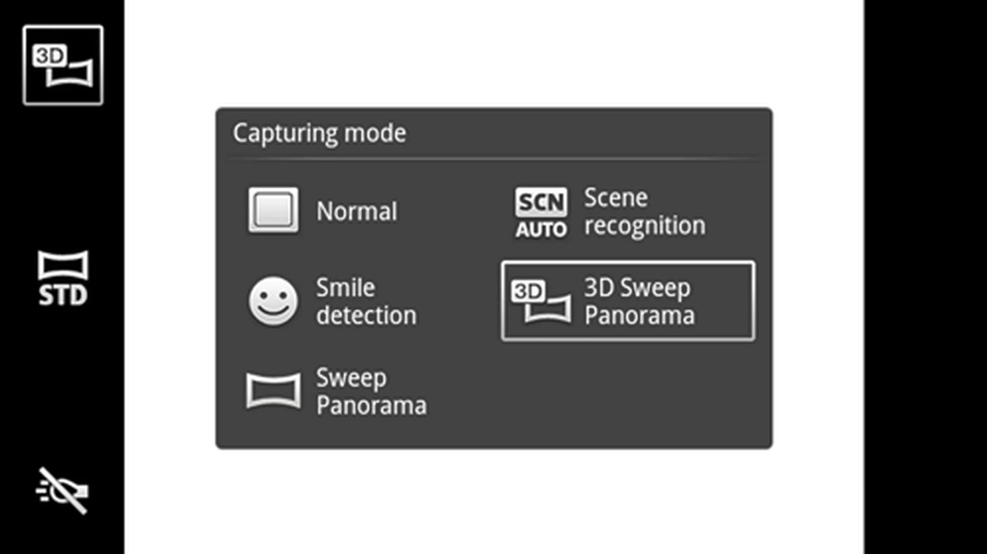 The 3D Sweep Panorama Mode can be easily accessed in the capturing mode section. To start it off automatically without having to access this menu, simply click on the 3D Camera icon.