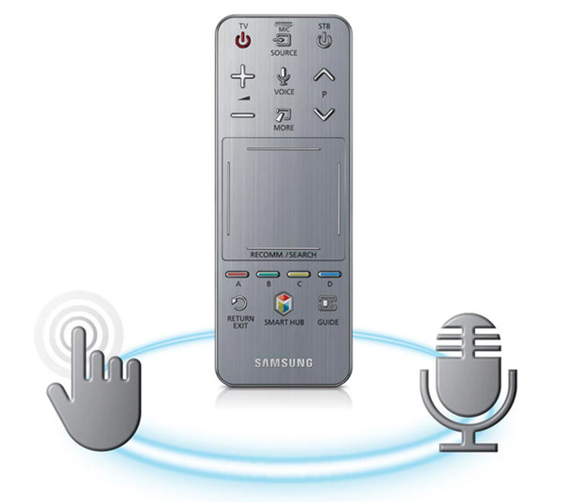 The new smart remote has a wide touch-pad that helps you navigate the Smart Hub. It also comes with a microphone to pick up voice commands.