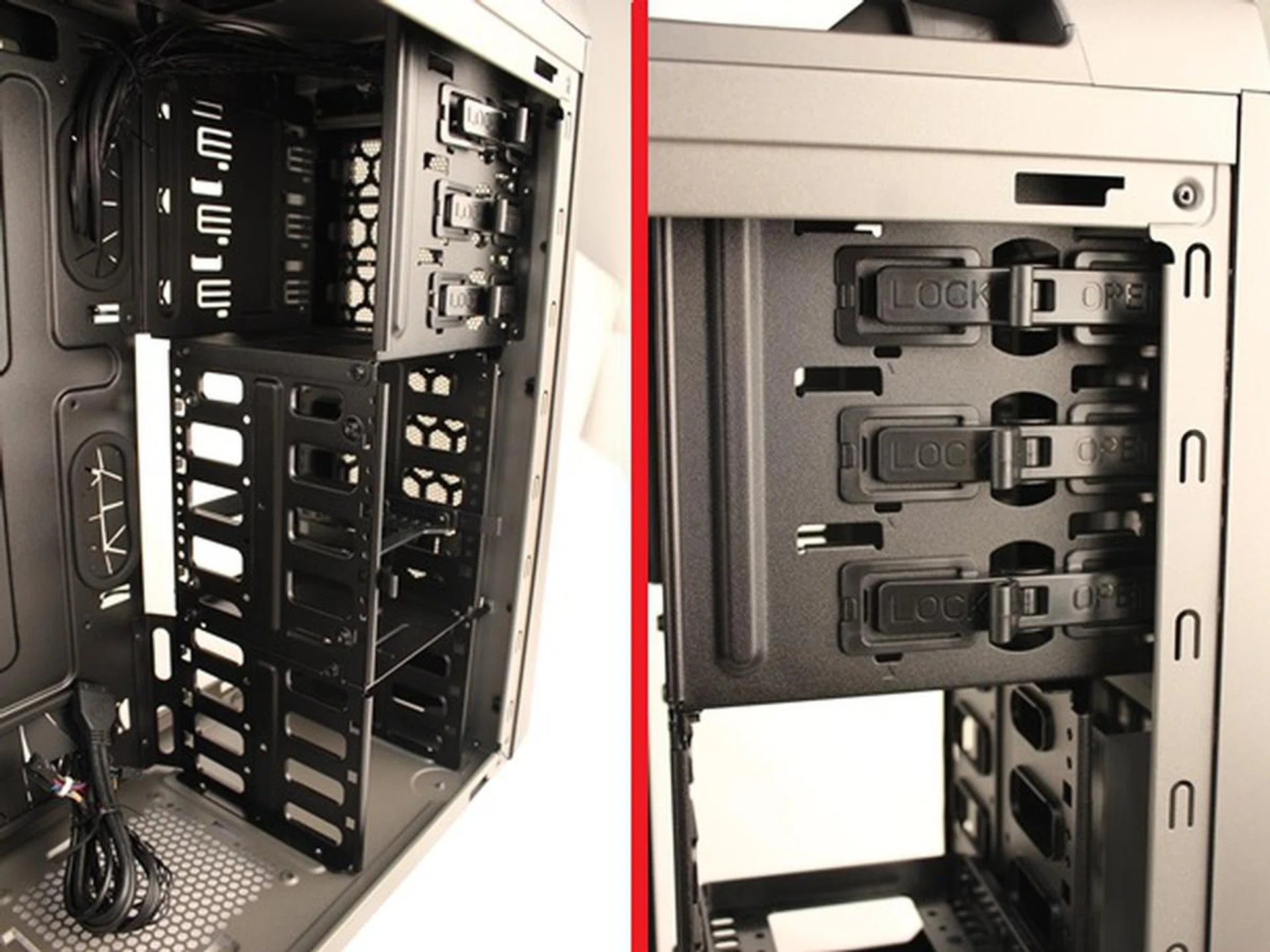 The drive bays of the CM Storm Scout 2; there are three 5.25-inch bays at the top and seven 3.5-inch drive bays after the larger drive bays.