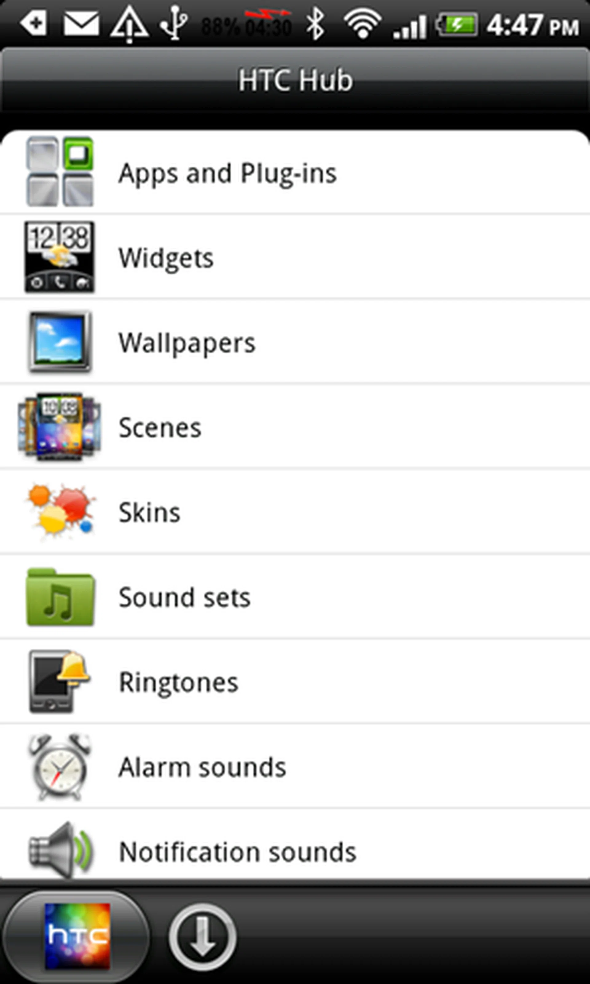 Part of the HTCSense.com experience, the HTC Hub is a simple add-on that makes it easier for users to customize and further decorate their Desire HD. The app is synced with your device (if the option is chosen) through your HTCSense.com account, updating you as and when the exclusive sections (ringtones, widgets, skins) have new items. Installation is simple, simply click on the items to download. 