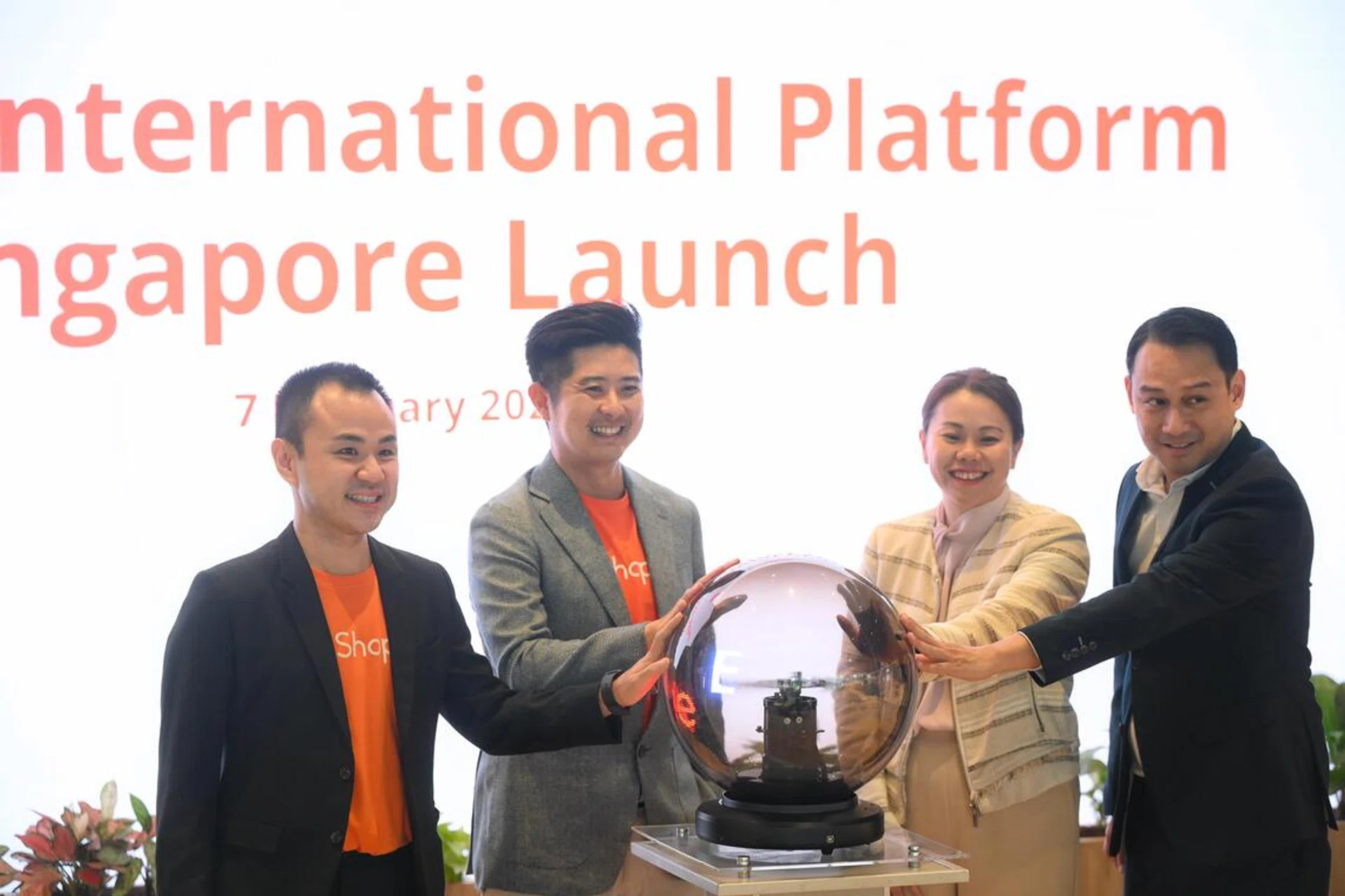 From left, Chua Kel Jin, director, Shopee Singapore, Ian Ho, Vice President, Shopee Singapore, Cindy Khoo, managing director, Enterprise Singapore, and Geoffrey Yeo, Assistant managing director, Capabilities, Urban Systems and Solutions, Enterprise Singapore, officially launch the Shopee International Platform (SIP) on Feb 7, 2025.