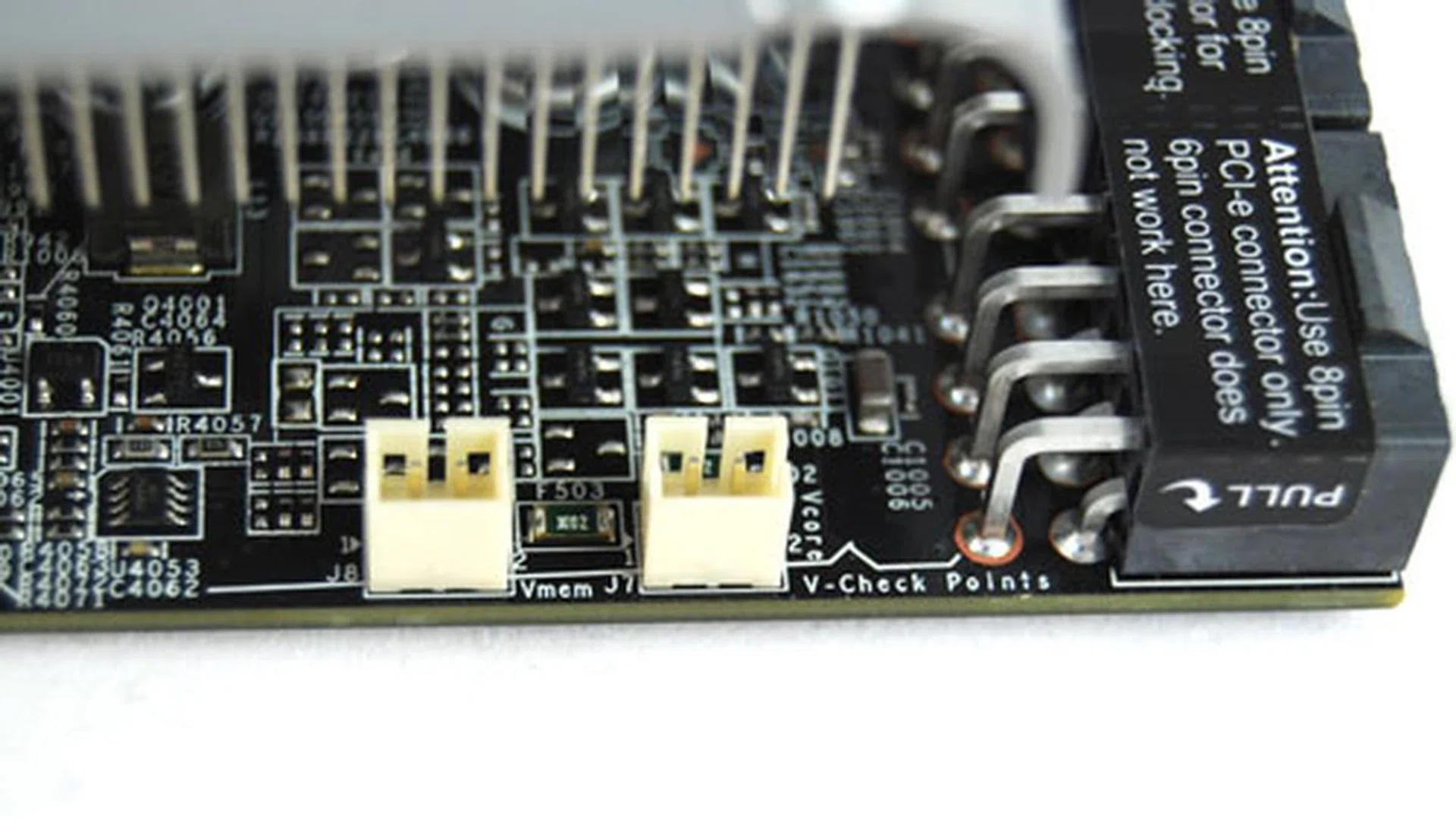 Vcheck points allow power users to accurate ascertain the voltages that the card's GPU core and memory are running at.